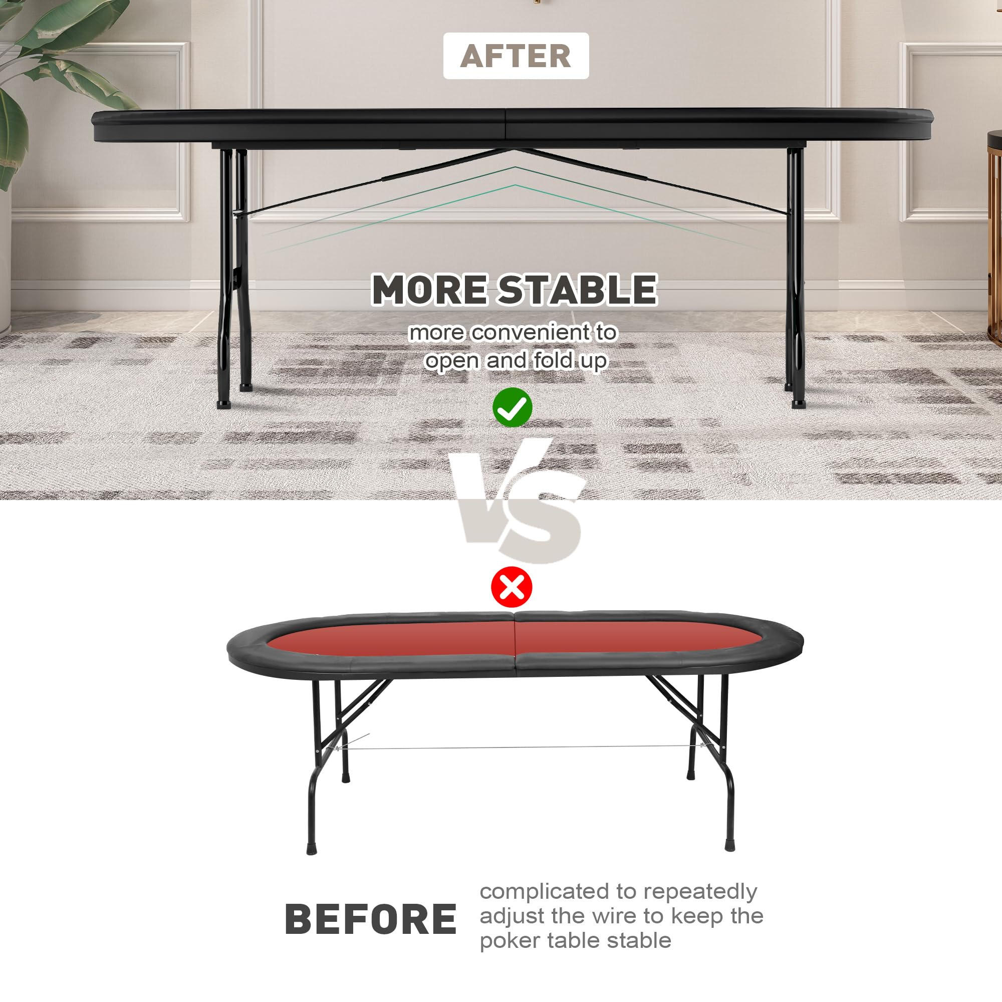 Premium 10 Player Foldable Poker Table with Cup Holders - 84 Inch Portable Texas Holdem Table with Chip Tray & Padded Rails - Casino Style Folding Card Game Table in Stylish Red - Perfect for Home Game Nights, Poker Parties & Casino Themed Events