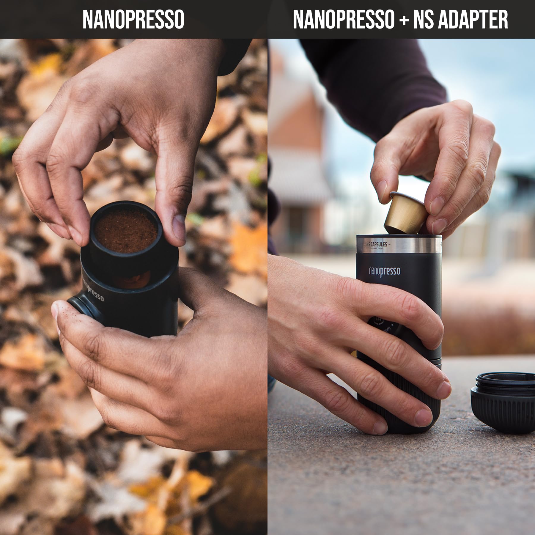 WACACO Nanopresso Portable Espresso Maker with NS Adapter - Hand Pump Travel Coffee Machine for Nespresso Capsules & Ground Coffee - Perfect for Camping, Hiking & Outdoor Adventures