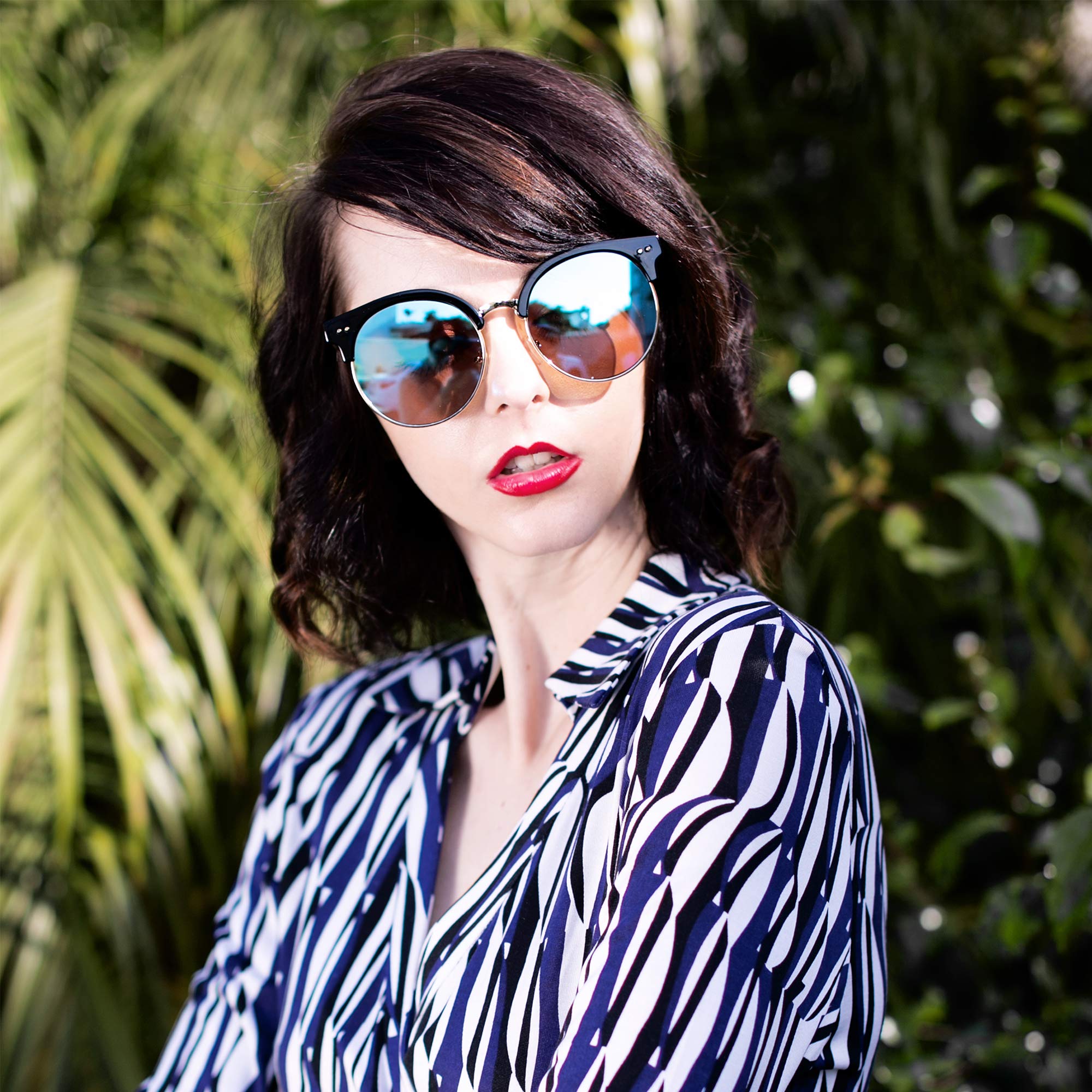Premium Oversized Cat Eye Mirrored Flat Sunglasses - Black/Blue, 52mm - Fashionable UV Protection for Women, Beach, Driving & Outdoor Activities