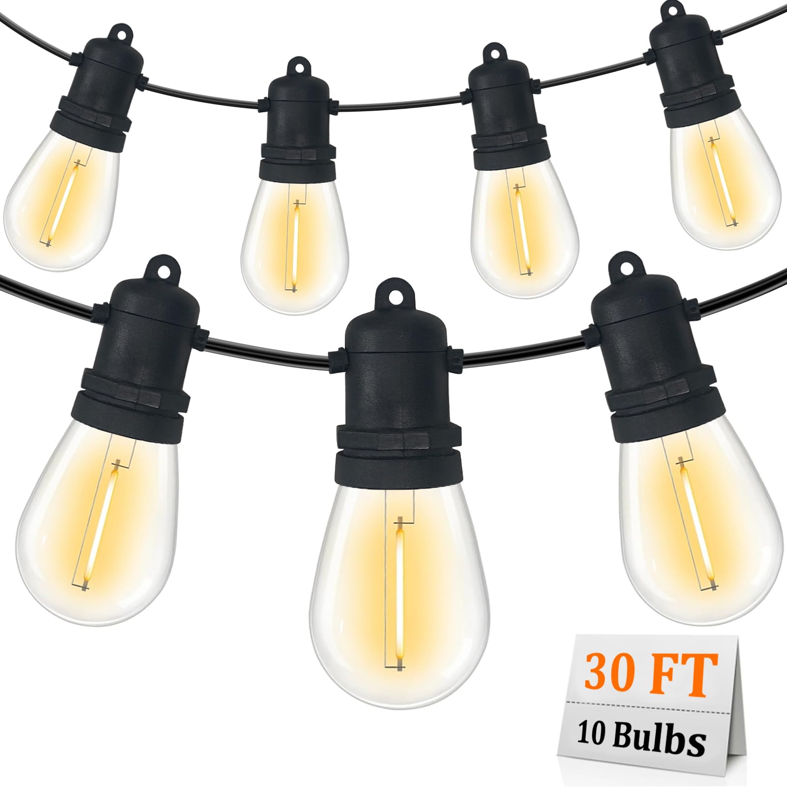 30FT S14 Patio String Lights with 11+1 Clear LED Bulbs | UL Certified Waterproof Outdoor & Indoor Hanging Lights | Commercial Grade Black Wire for Garden, Backyard, Wedding & Restaurant Decor