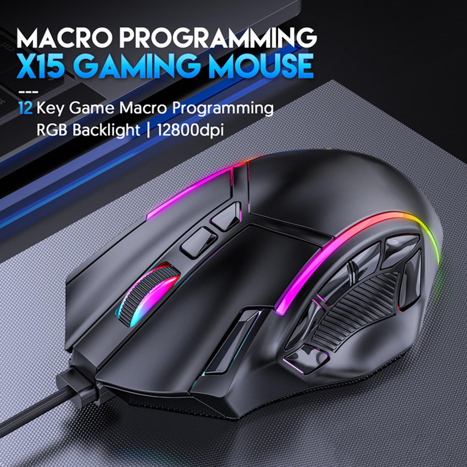 Ciciglow X15 Wired USB Gaming Mouse - 12800 DPI RGB Backlit Computer Mouse with 12 Programmable Buttons for PC Gamers | Perfect for FPS, MOBA Games & Office Work