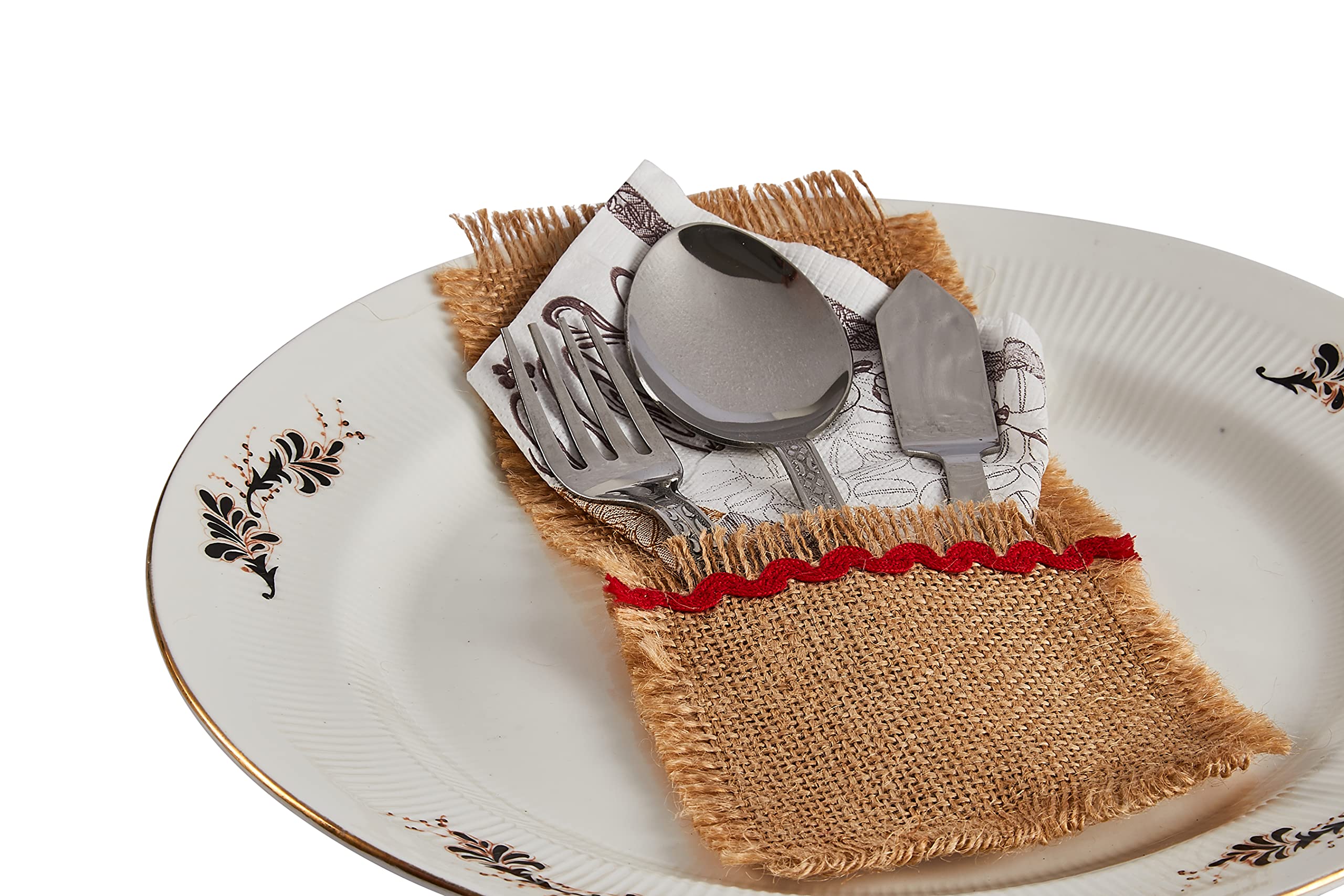 Rustic Ruffle Burlap Jute Placemats Set of 16 - Farmhouse Dining Table Mats for Thanksgiving, Christmas & Holiday Decor - Perfect for Dining Room, Bedside Tables & Living Room Home Decor in Red