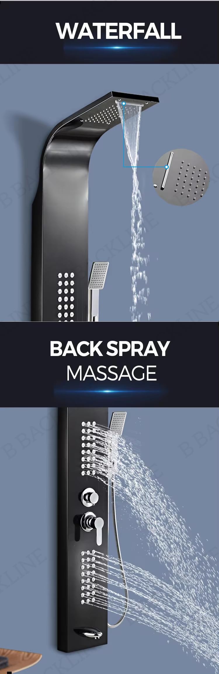 Stainless Steel Shower Panel Set - Dual Flow Overhead Waterfall & Handheld Shower Combo | Wall Mount Bathroom Shower System in Black Glossy Finish | Perfect for Spa-Like Experience & Modern Home Renovation