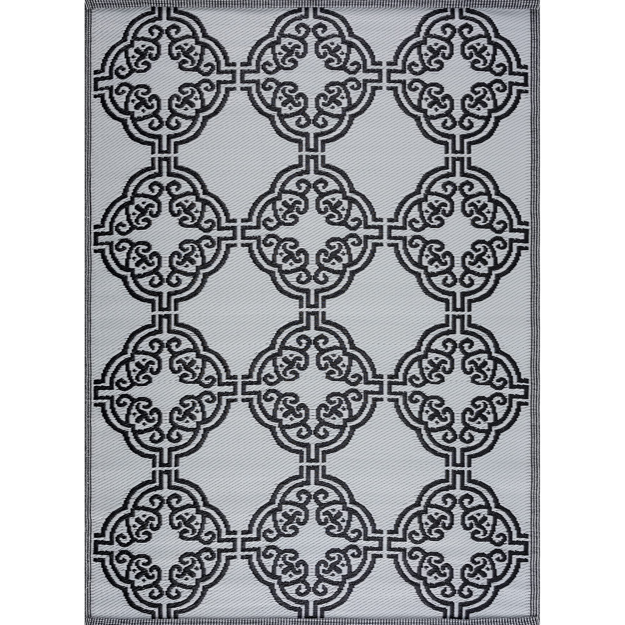 Eco-Friendly Reversible Indoor Outdoor Rug - Waterproof, Stain & Fade Resistant Recycled Plastic Mat - 6x9 Feet Black White Marrakech Design - Perfect for Patio, Deck, Poolside & High-Traffic Areas