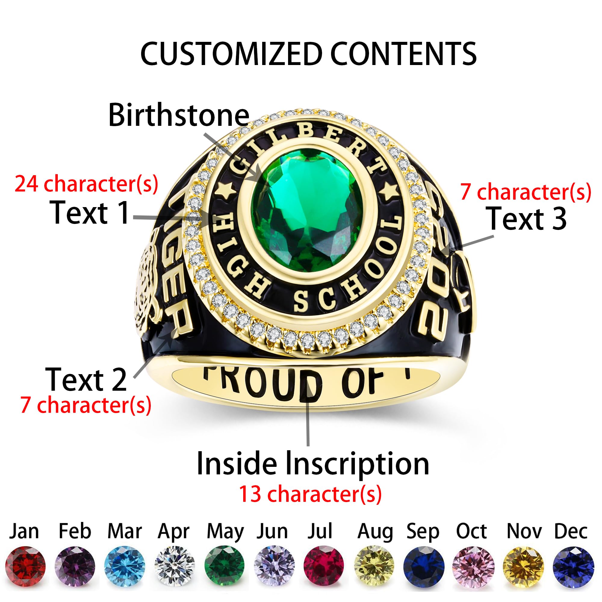 Custom Personalized Class Rings for Men & Women - Gold Plated & Sterling Silver High School & College Rings (Size 5-15) - Perfect for Graduation Gifts, Alumni Pride & Special Occasions