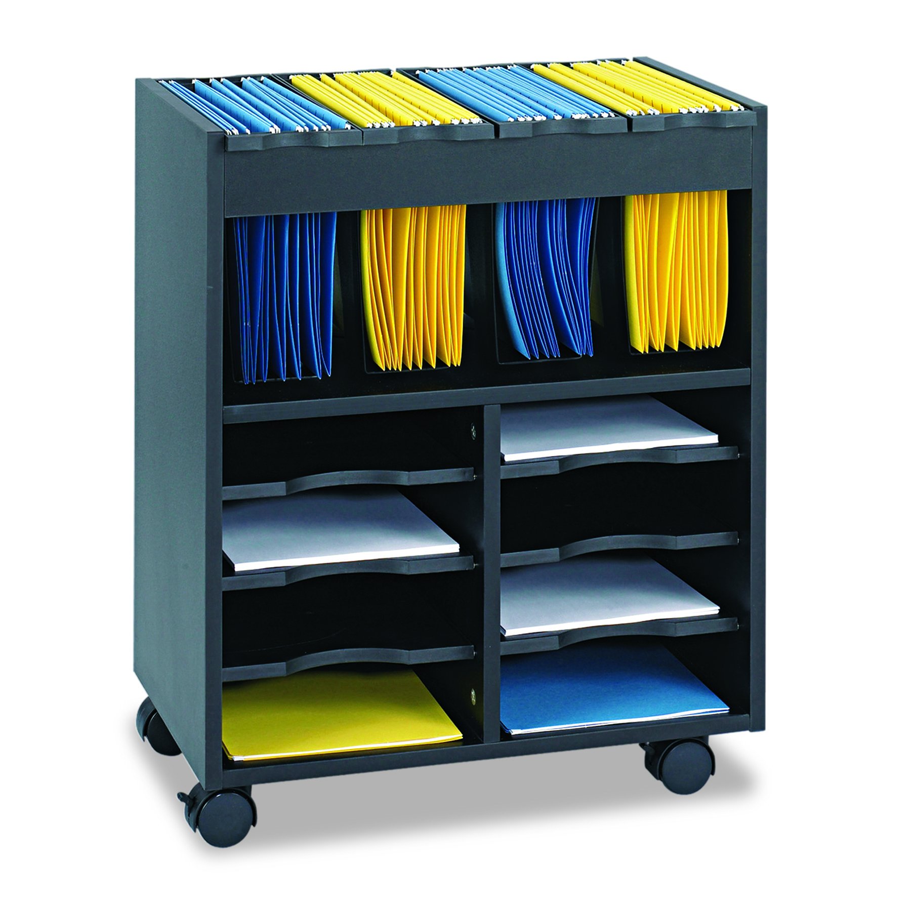 Safco Go Cart Mobile Cart with 4 Removable Plastic Bins & 6 Pull-Out Shelves - Rolling File Organizer for Letter-Size Hanging Files | Perfect for Office Organization, Classroom Storage & Home Office Use