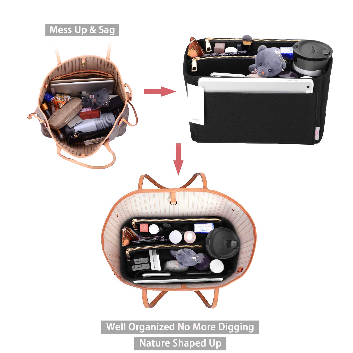 ZTUJO Felt Purse Organizer Insert for Louis Vuitton Speedy, Neverfull, Graceful & Tote Bags - Handbag Shaper & Storage Solution for Travel, Work & Daily Use