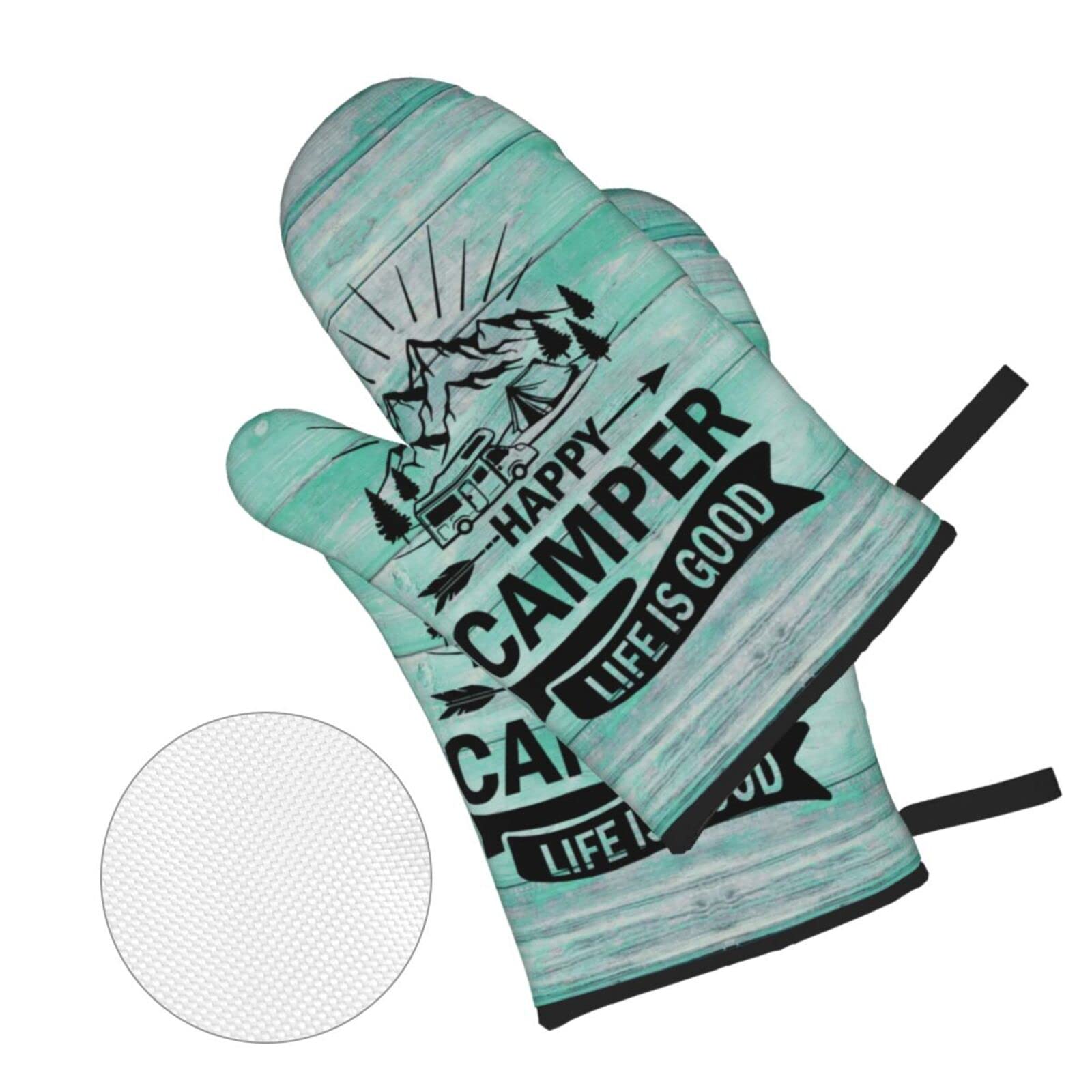 Happy Camper Oven Mitts and Pot Holders Set of 4 - Heat Resistant Kitchen Gloves with Non-Slip Polyester for Cooking, Baking, Grilling & BBQ - Perfect for Home Kitchen, Outdoor Camping & Picnics