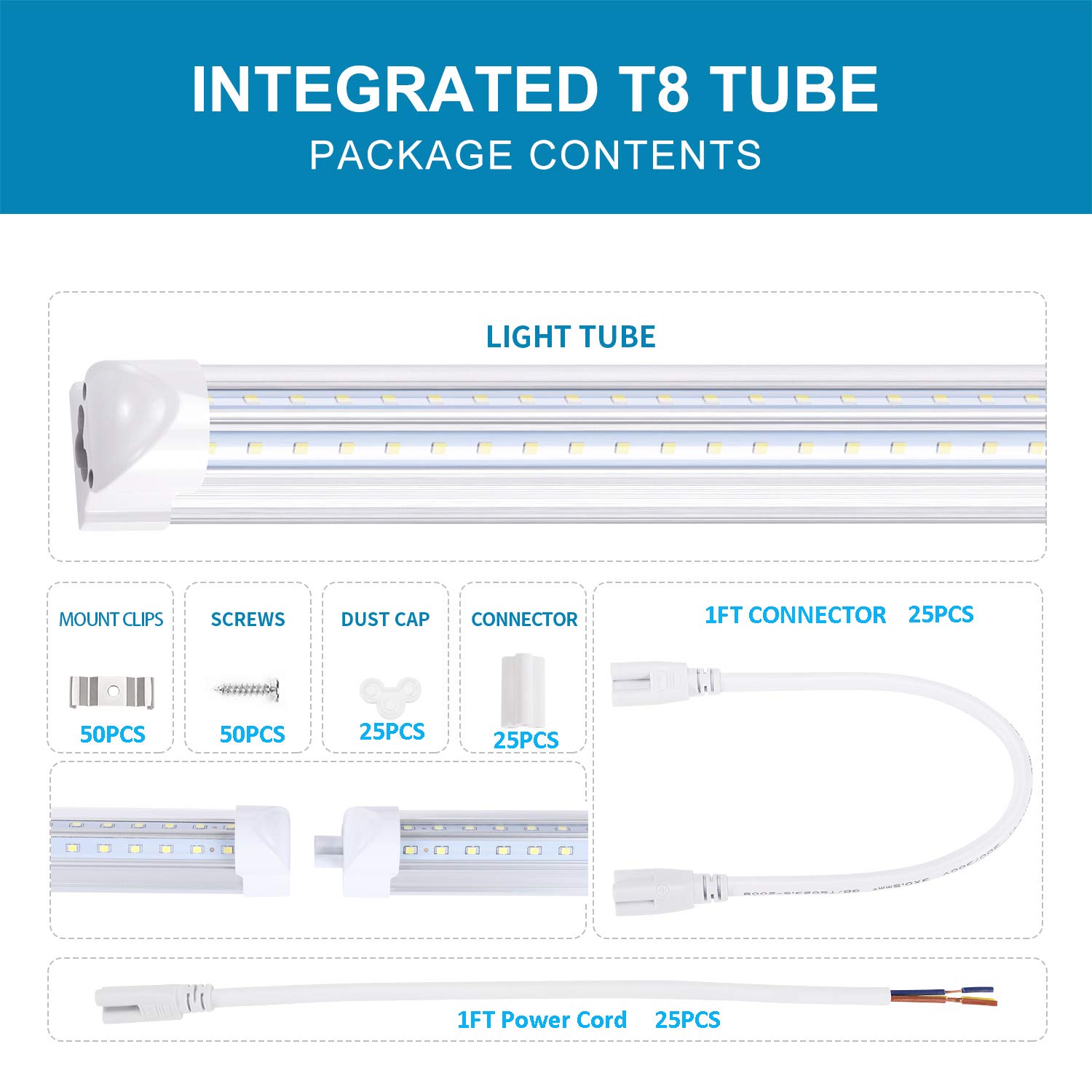 4ft LED Shop Light - 36W V-Shape T8 LED Tube Fixture with Clear Cover, 6000K Cool White - Energy Efficient Lighting for Garage, Warehouse, Workshop & Coolers (25-Pack) | Durable Commercial Grade Lighting Solution | Ships from USA