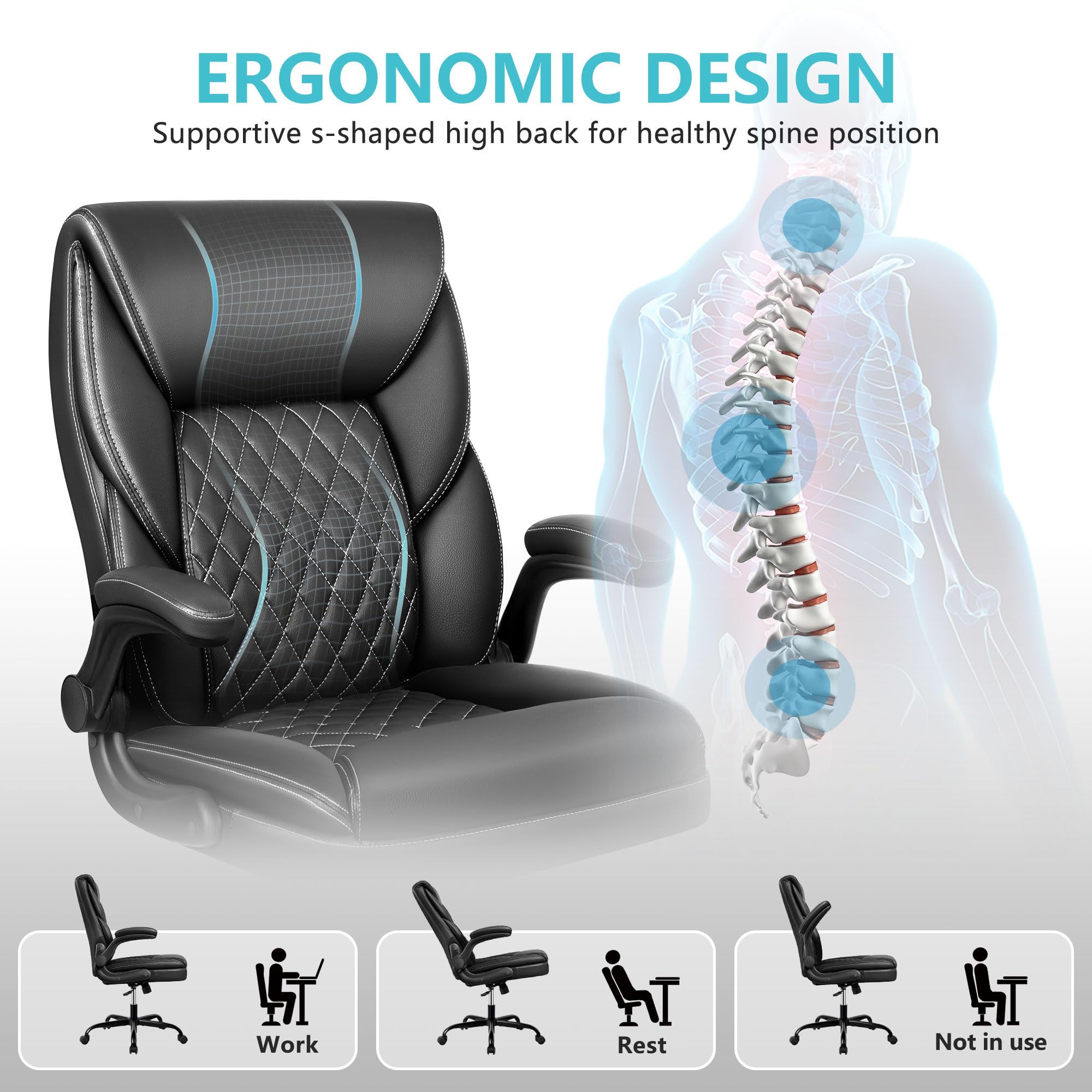 Premium Ergonomic Office Chair - Executive Leather Desk Chair with Adjustable Flip-Up Arms & Lumbar Support - Swivel Task Chair with Rocking Function for Home Office, Computer Work & Gaming (Black) - Perfect for Long Work Hours & Comfortable Workspaces