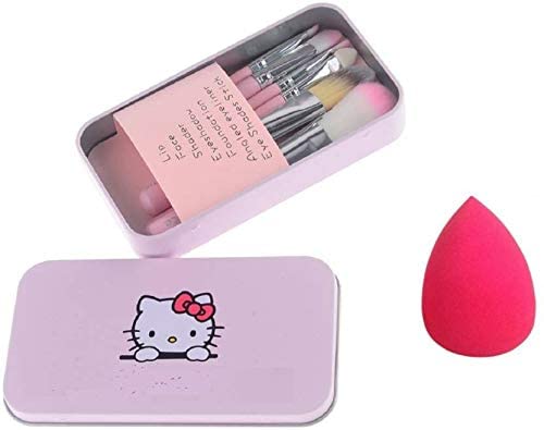 7-Piece Pink Makeup Brush Set for Women & Girls with Kitty Print Storage Box & Beauty Blender - Perfect for Travel & Professional Makeup Application (8-Piece Set)