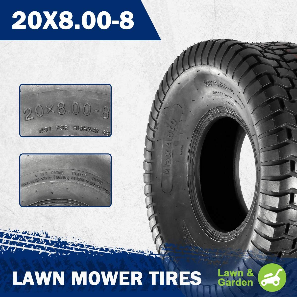 MaxAuto 20x8.00-8 Lawn Mower Tires - Heavy Duty 4 Ply Tubeless Tractor Tires (Set of 2) - 965lbs Capacity - Perfect for Riding Mowers, Lawn Tractors & Garden Equipment - All-Season Performance for Grass Cutting & Yard Maintenance