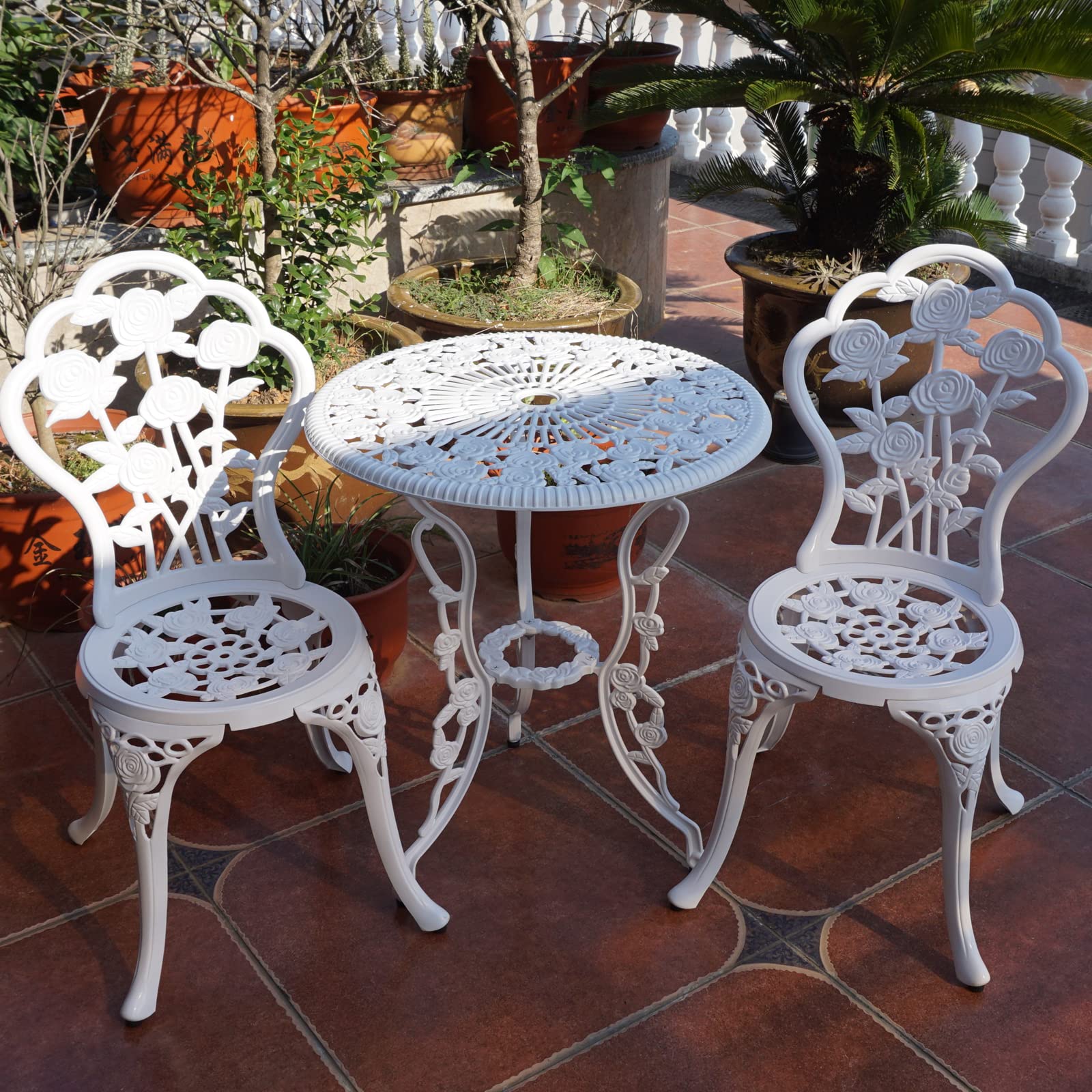 KAILI Outdoor Bistro Set with Rose Pattern - 1 Table & 2 Chairs for Garden, Patio, Porch (Rose-White) - Perfect for Outdoor Dining, Coffee Time & Relaxing in Your Backyard