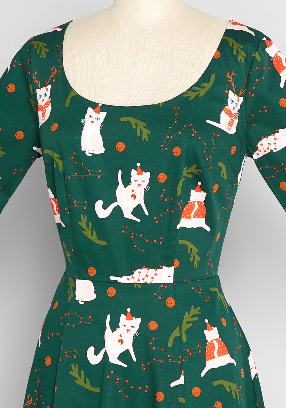 Festive Cat Print Swing Dress for Women - Flowy A-Line Party Dress for Christmas, Halloween & Special Occasions