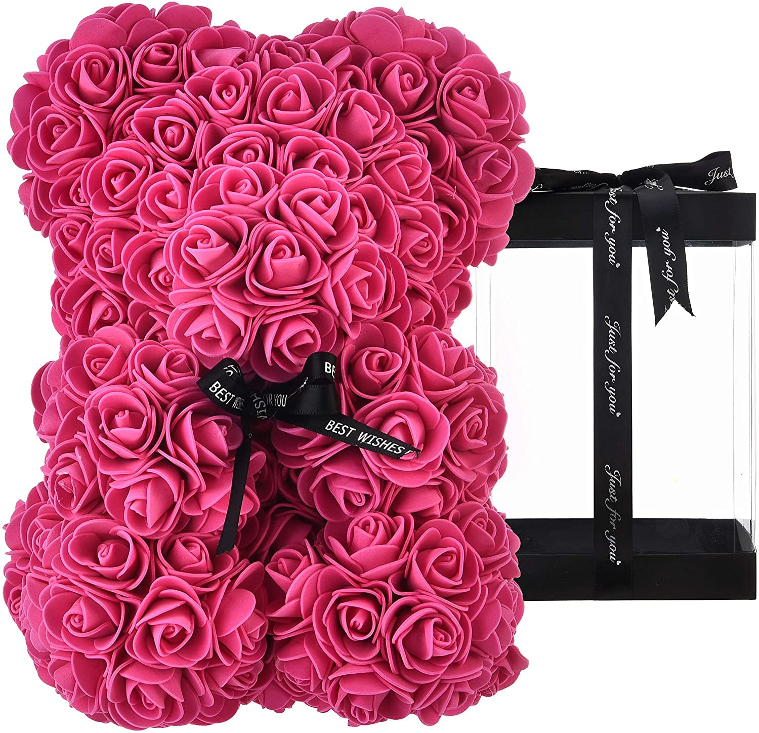 Handmade Artificial Rose Bear in Clear Gift Box - Perfect for Valentine's Day, Mother's Day, Birthday & Special Occasions (Rose Pink) | Romantic Home Decor, Wedding Centerpiece, Anniversary Gift Idea