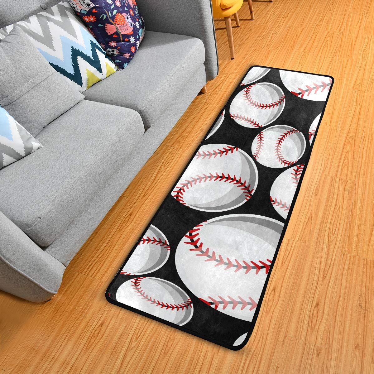 Non-Slip Washable 2x6 Hallway Runner Rug with Rubber Backing - Baseball & Softball Design for Kitchen, Entryway, and High-Traffic Areas