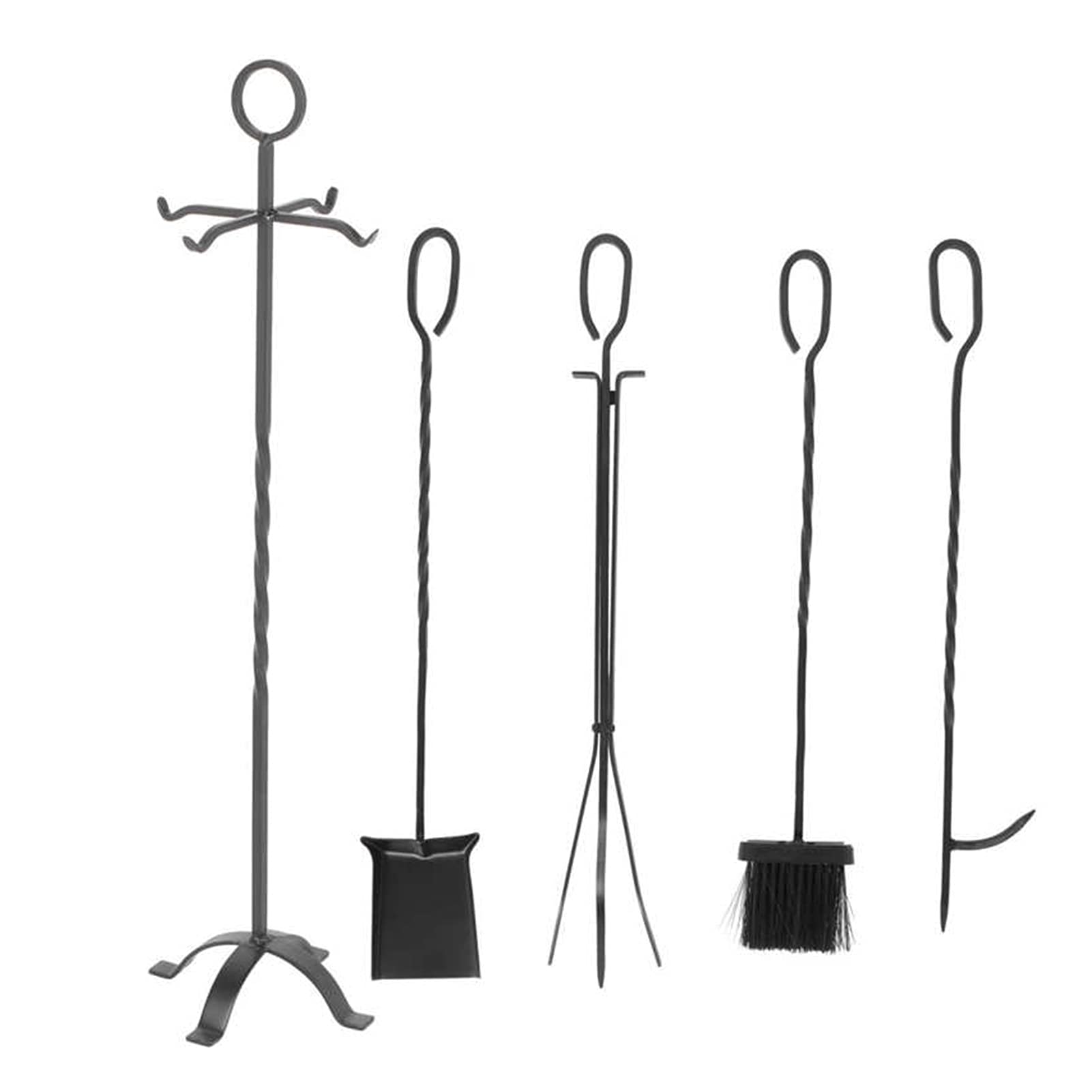 5-Piece Fireplace Tools Set - Heavy Duty Wrought Iron Fireplace Accessories with Brush, Shovel, Tongs, Poker & Storage Stand - Perfect for Fireplace, Firepit, and Outdoor Camping Use