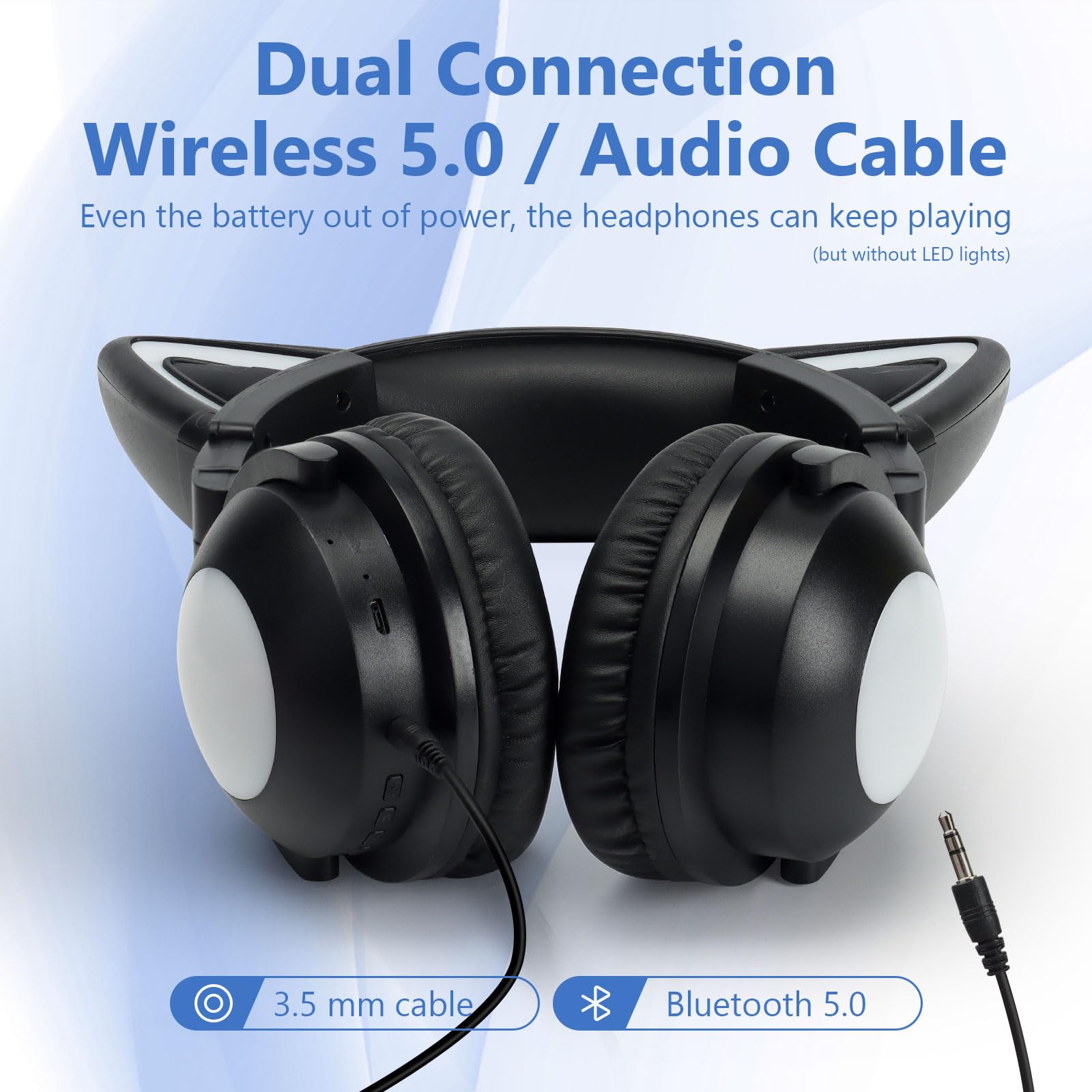 Wireless Cat Ear Headphones with Built-in Mic - Foldable LED Bluetooth Headset for Kids & Adults, Compatible with Phone/PC/Tablet/TV (Black) - Perfect for Gaming, Music, Online Classes & Travel
