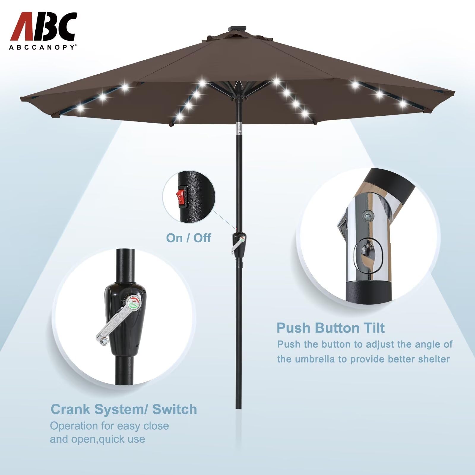 Durable 9FT Solar LED Patio Umbrella with 32 Lights - Brown Outdoor Canopy for Garden, Poolside & Backyard Relaxation