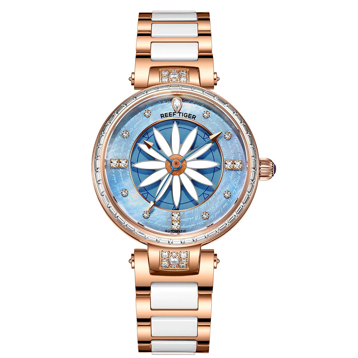 REEF TIGER RGA1599 Luxury Women's Automatic Watch with Diamond Bezel - Elegant Lily Design for Business, Party & Everyday Wear