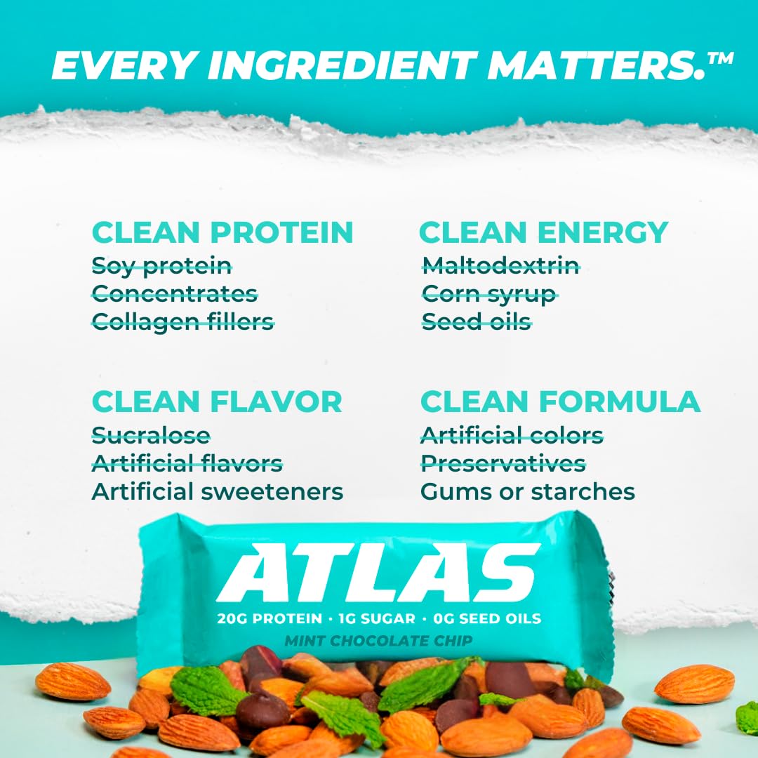 Atlas Protein Bar - High Protein 20g, Low Sugar 1g, Gluten Free, Clean Ingredients - Mint Chocolate Chip Flavor (12 Pack) - Perfect for Post-Workout Recovery, Healthy Snacking & On-the-Go Nutrition