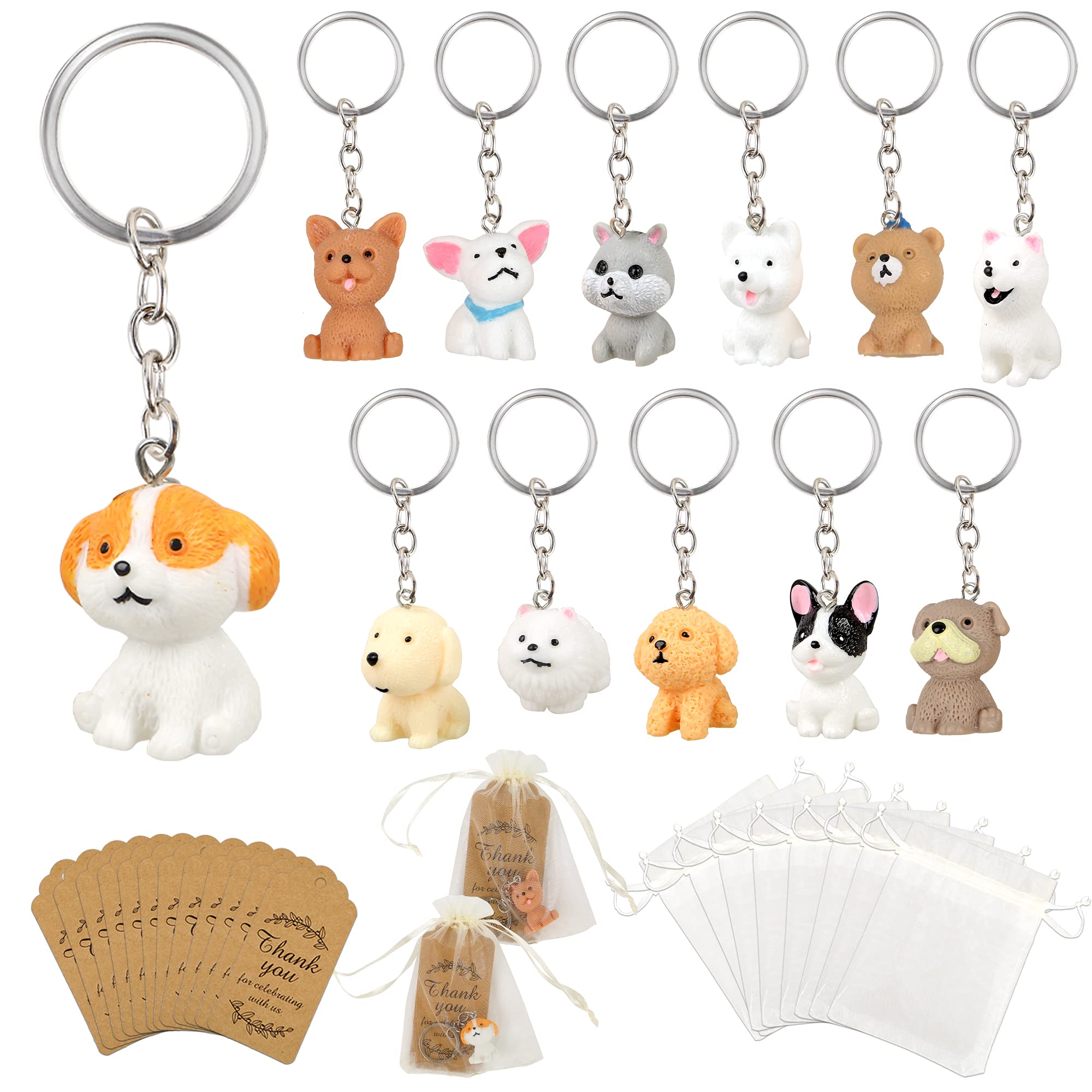 12 Pack Cute Puppy Keychains with Organza Bags & Thank You Tags - Dog-Themed Party Favors for Birthday, Back to School, Classroom Rewards & Backpack Decorations (Perfect for Dog Lovers & Pet-Themed Events)