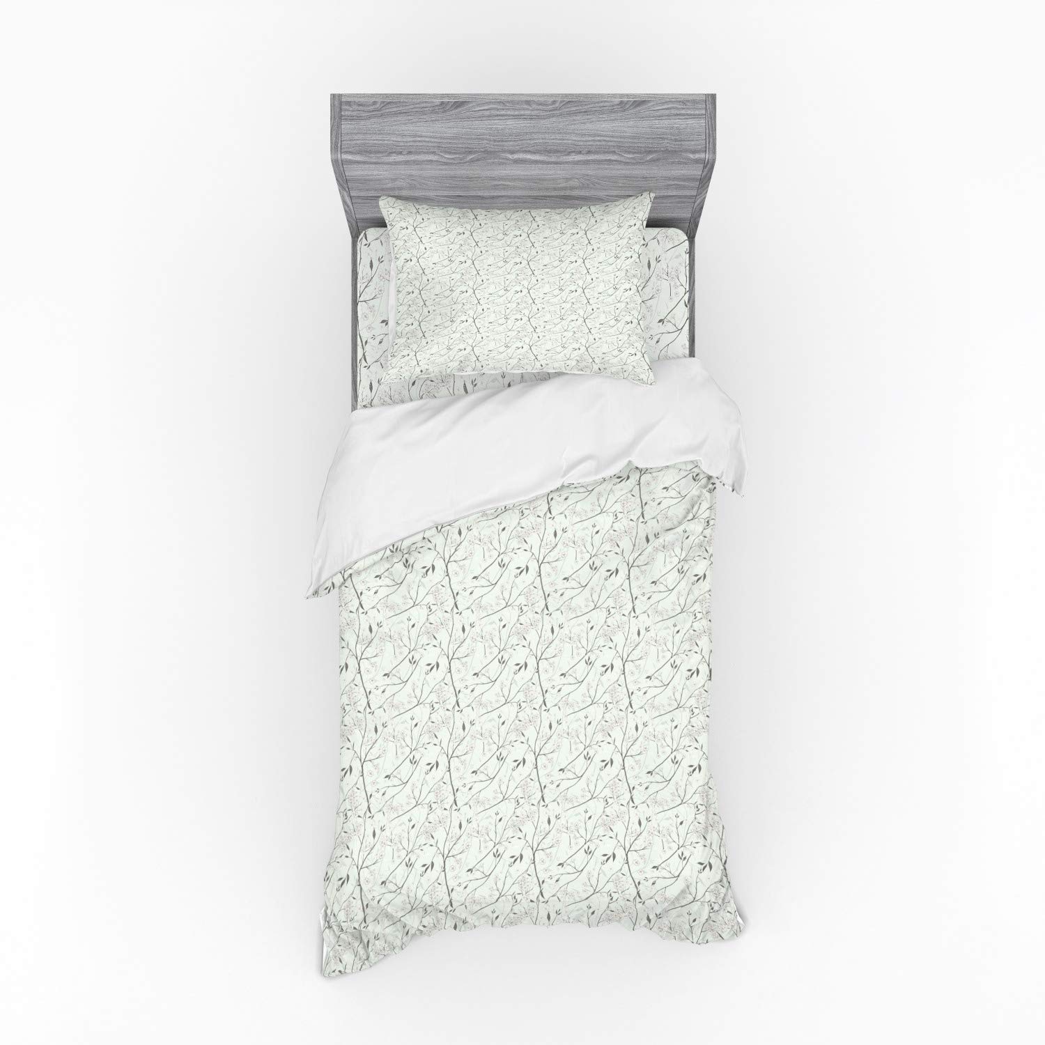 Ambesonne Floral Duvet Cover Set - Vintage Spring Flowers & Grunge Design, 3-Piece Bedding Set with Sham & Fitted Sheet, Twin Size, Mint Green & White - Perfect for Boho Bedroom Decor, Guest Room, or Spring Refresh