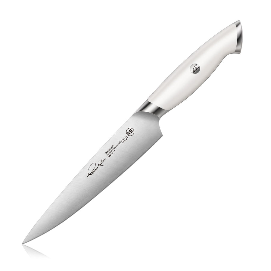 Cangshan TKSC White Series 7-Inch Utility Knife - Swedish Damasteel RWL34 Powder Steel Forged Blade - Professional Kitchen Knife for Slicing, Chopping, and Food Prep