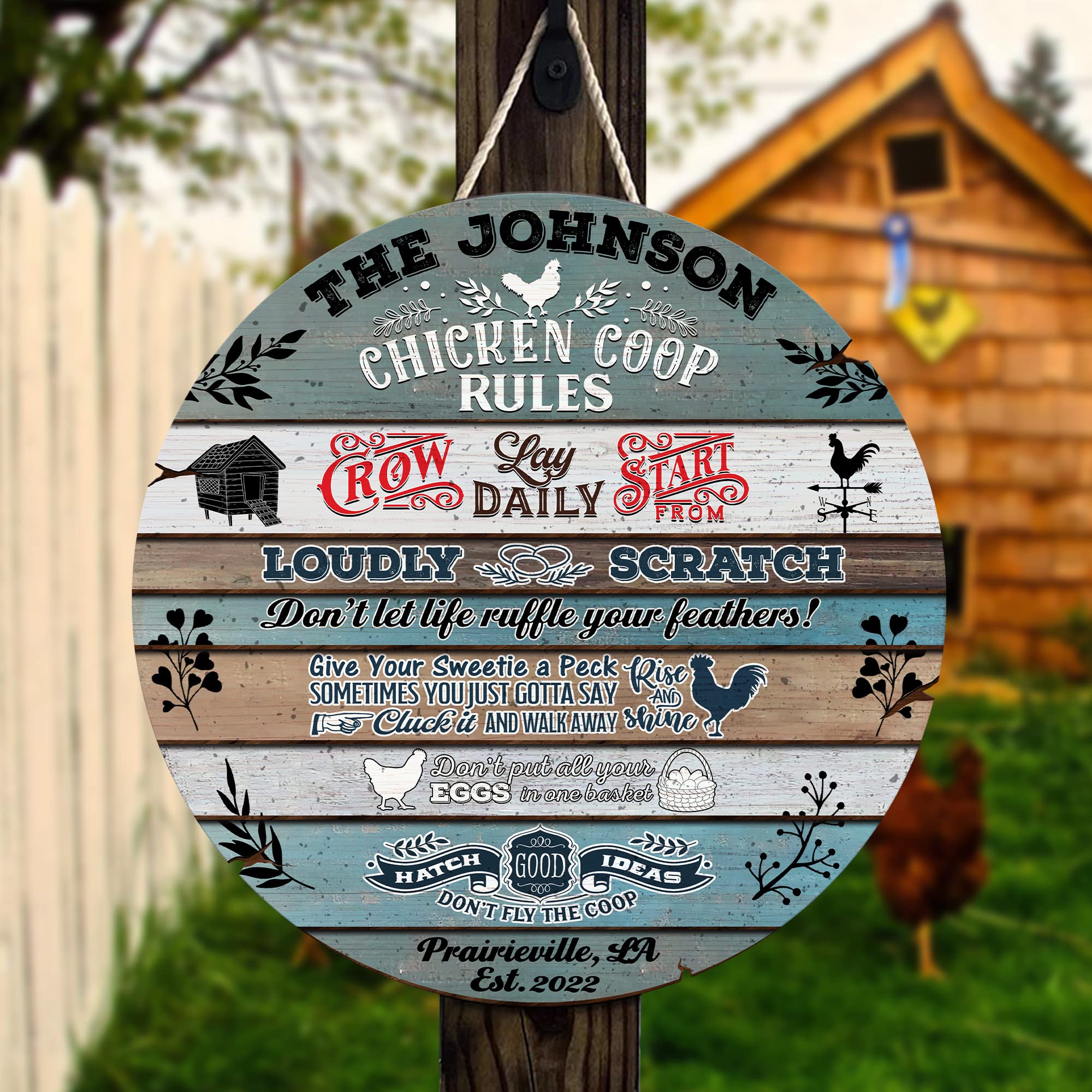 V VIBEPY Custom All Over Printed Wood Signs - Personalized Chicken Coop Rules, Funny Farmhouse Decor (12
