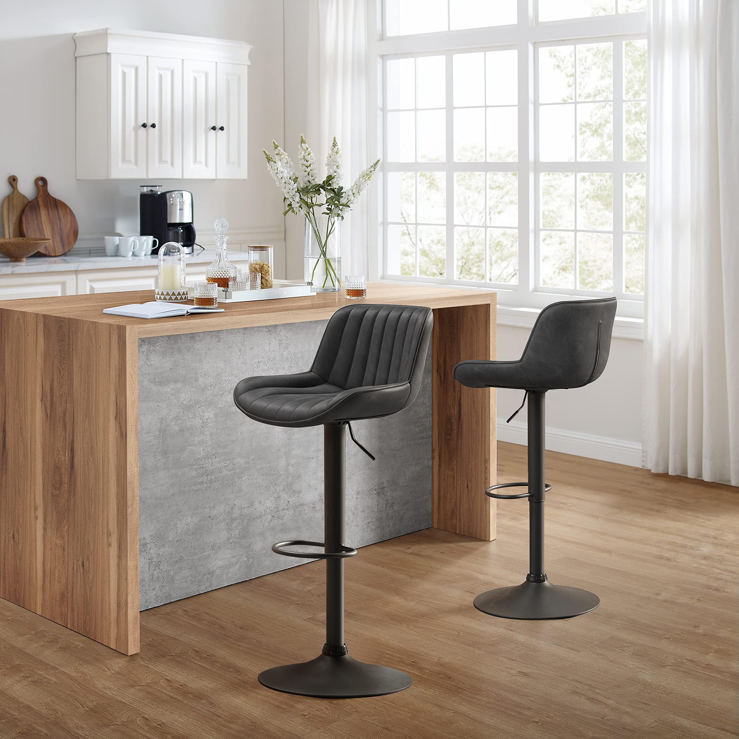 Zouron Mid Century Modern Swivel Bar Stools - Adjustable Height Kitchen Counter Stools with Back, Vintage PU Leather & Black Base (Set of 2) - Perfect for Kitchen Islands, Breakfast Bars & Home Decor