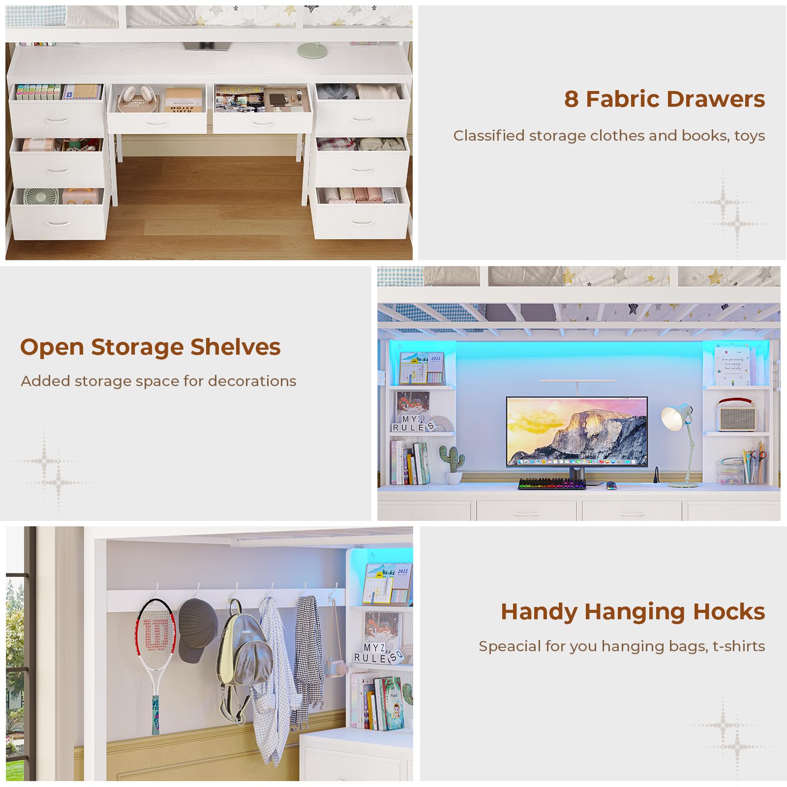 Full Metal Loft Bed with Desk & Storage - 8 Drawers, Charging Station, LED Lights & 4 Open Shelves | Noise-Free, Space-Saving Design | Perfect for Small Apartments, Dorm Rooms & Home Offices | No Box Spring Needed