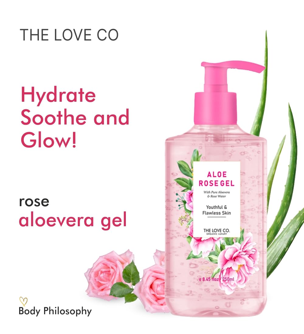 THE LOVE CO. Aloe Vera & Rose Water Gel - 250ml | Vitamin E-Enriched Hydrating Face & Body Moisturizer for Dry Skin | Sunburn Relief, Skin Rejuvenation & Daily Hydration | Perfect for After-Sun Care & Sensitive Skin Soothing
