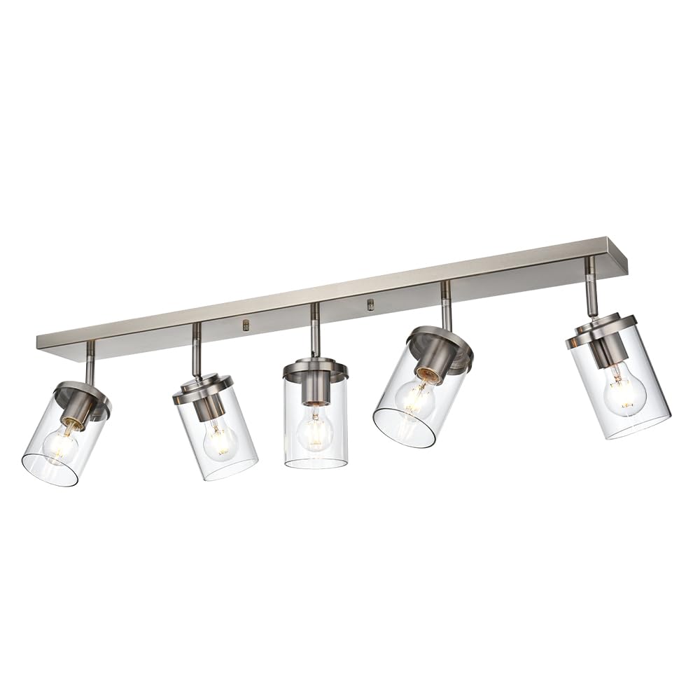 BONLICHT Modern 5-Light Adjustable Track Lighting Fixture - Brushed Nickel Semi Flush Mount Ceiling Light with Clear Glass Shade - Perfect for Kitchen, Vanity Mirror, and Industrial Indoor Wall Lighting