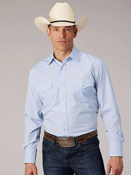 Roper Men's Light Blue Long Sleeve Western Shirt - Tone on Tone Design for Cowboy Style, Ranch Work & Country Fashion