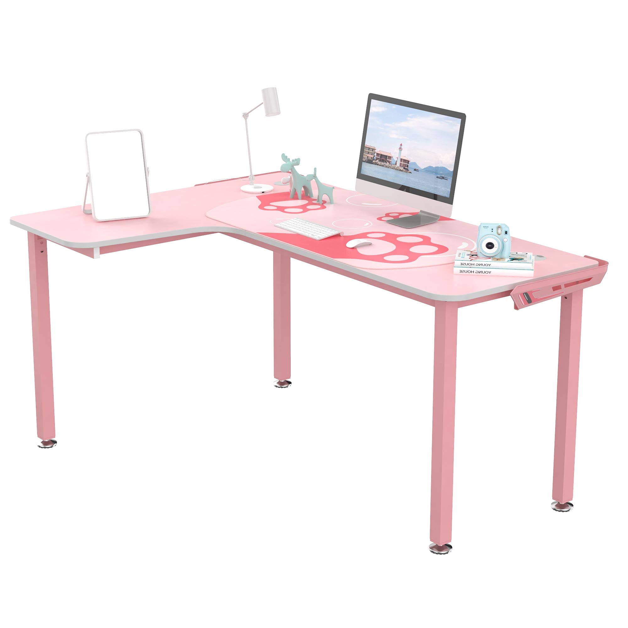Pink L-Shaped Gaming Desk for Girls - 60 Inch Cute Pink Computer Desk with Full Covered Desk Mat, Easy Assembly, Left Side Design - Perfect for Gaming, Streaming & Home Office Setup