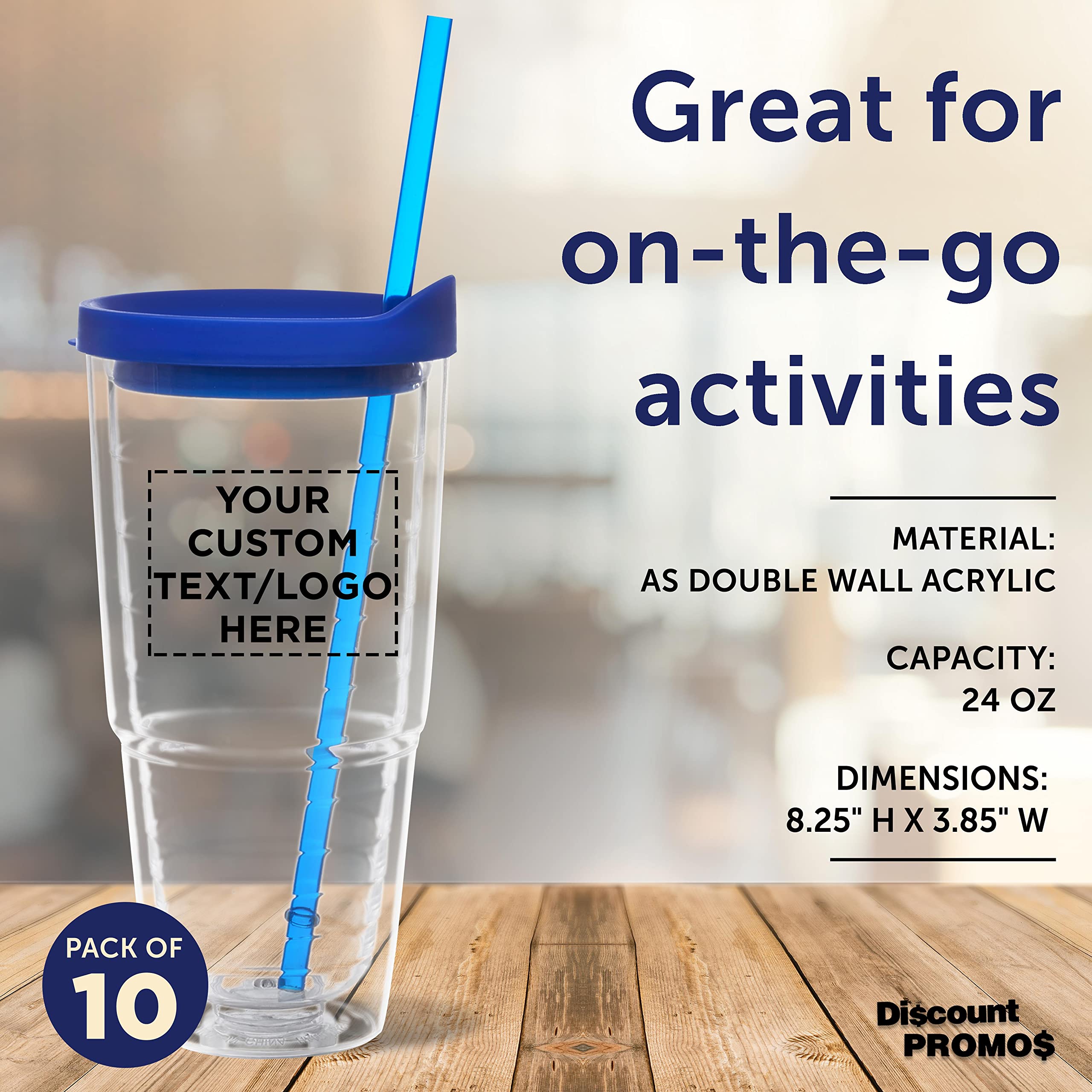 Custom 24oz Double Wall Acrylic Tumblers with Straws - Set of 10 Bulk Pack - Personalized Hot & Cold Drinkware for Coffee, Smoothies & Iced Beverages - Promotional Gift & Party Supplies - Blue