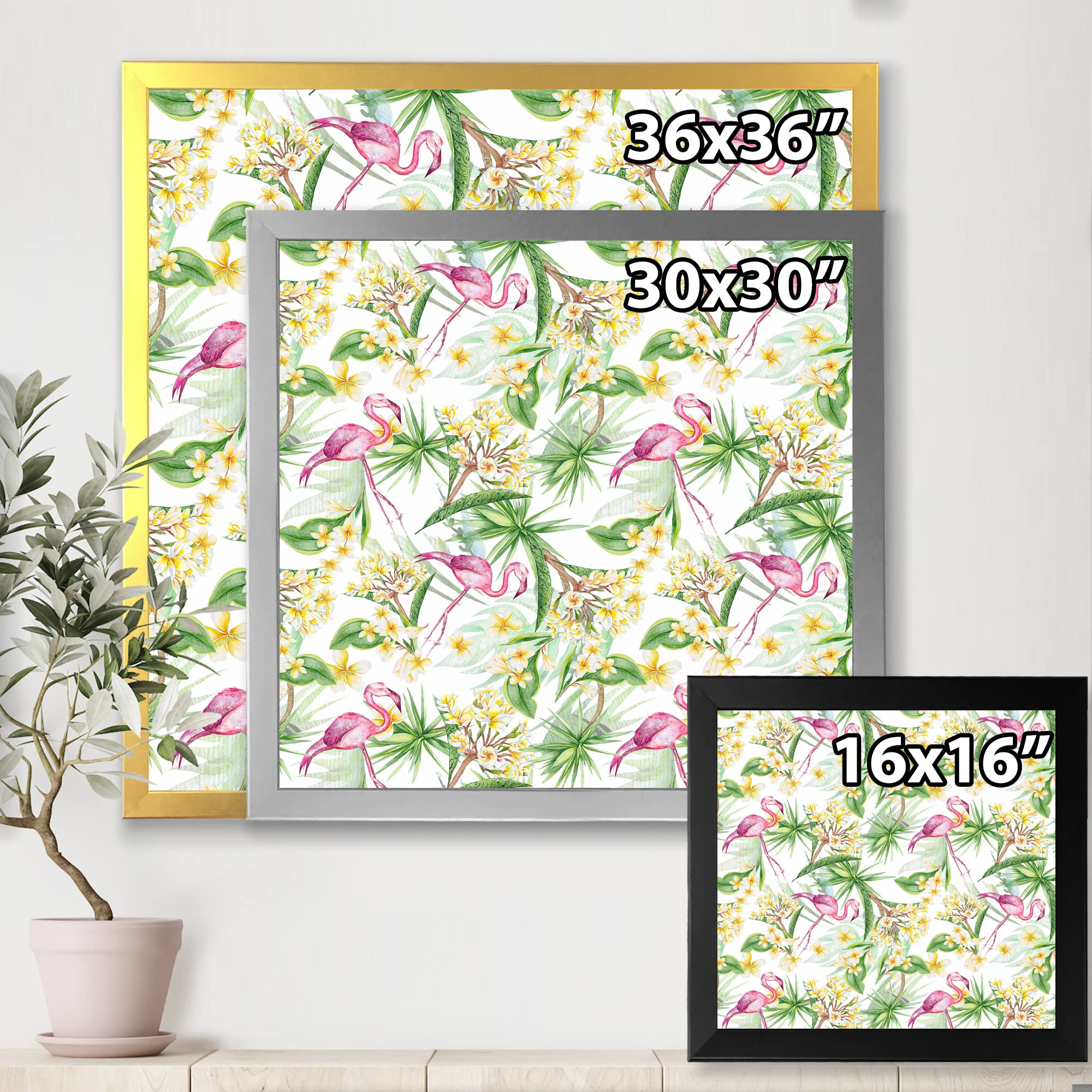 DesignQ Tropical Foliage & Yellow Flowers with Flamingo IV Modern Framed Wall Art - Perfect for Living Room, Bedroom & Office Decor