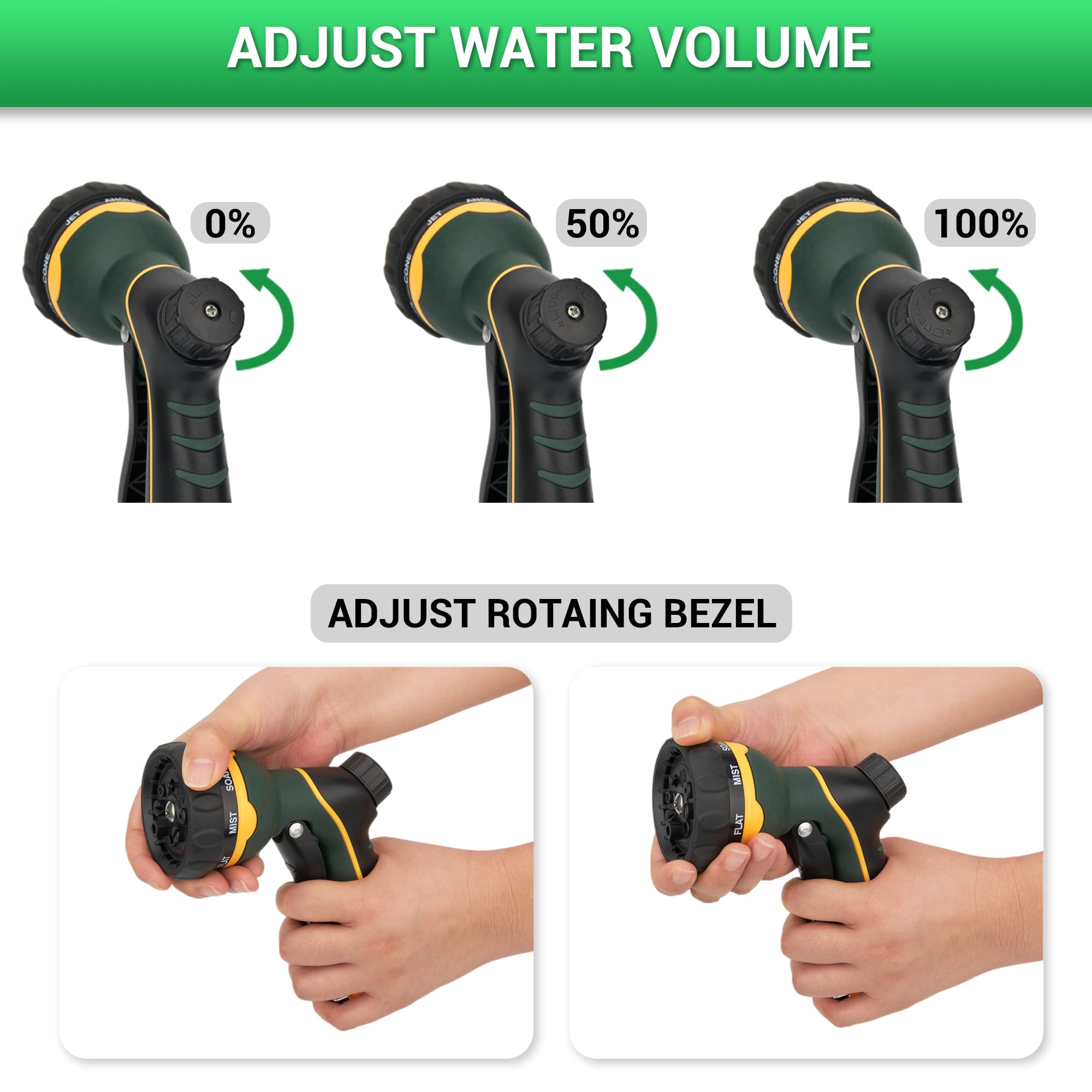 NGreen Heavy Duty Garden Hose Nozzle - 8 Adjustable Water Spray Patterns, Ergonomic Non-Slip Grip for Plants, Pet Bathing, Car Washing & Outdoor Cleaning (Green) | Perfect for Lawns, Gardens, Driveways & Patio Maintenance