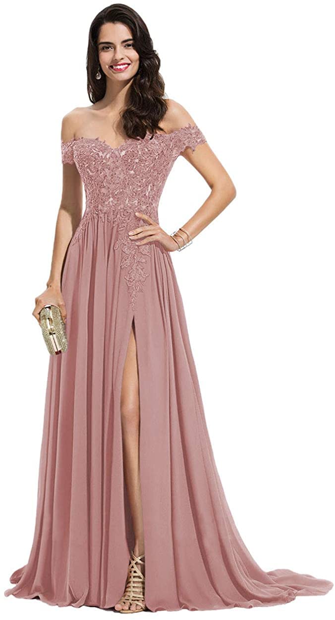 Elegant Off Shoulder Lace Prom Dresses with High Slit - Long Appliqued Chiffon Formal Gowns for Women | Perfect for Homecoming, Evening Parties & Special Occasions