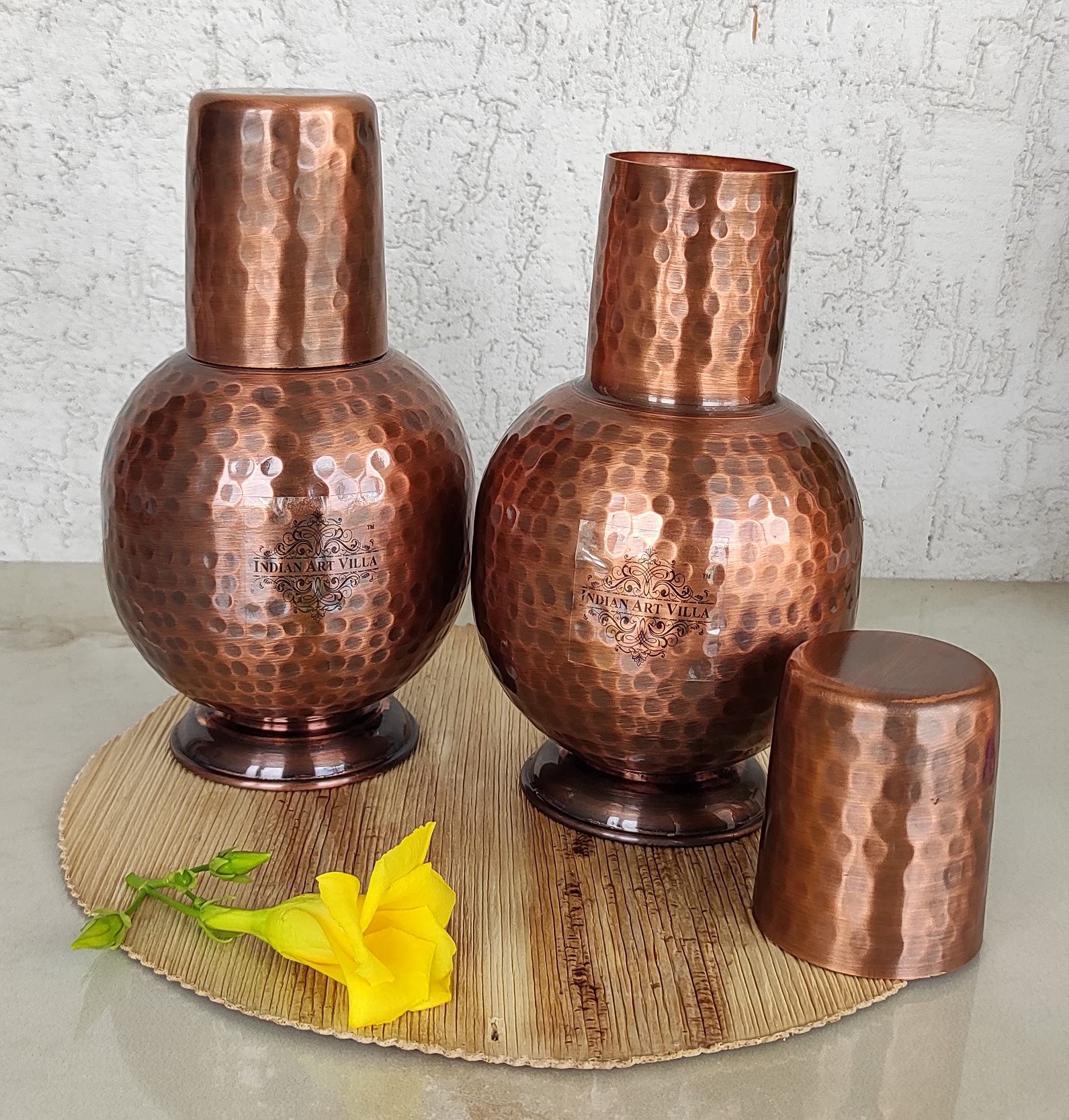 Pure Copper Water Bottle with Inbuilt Glass & Antique Surahi Design - 25oz (Pack of 2) | Indian Art Villa | Elegant Drinkware for Bedroom, Office & Travel | Ayurvedic Health Benefits