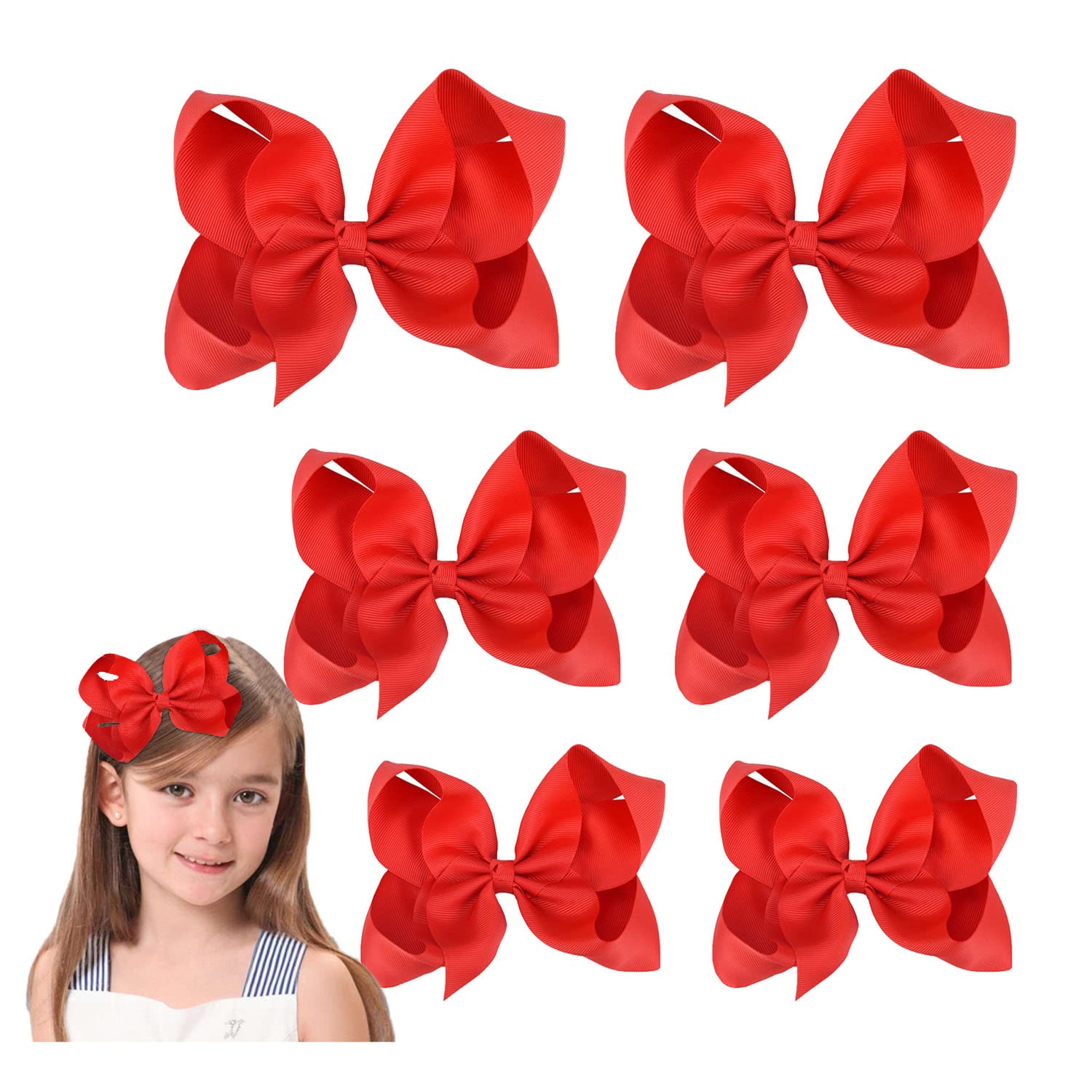 6-Piece Red Hair Bows Set for Girls & Toddlers - 6 Inch, 4 Inch, 3 Inch Sizes (2 Each) - Perfect for Parties, Holidays, and Everyday Wear