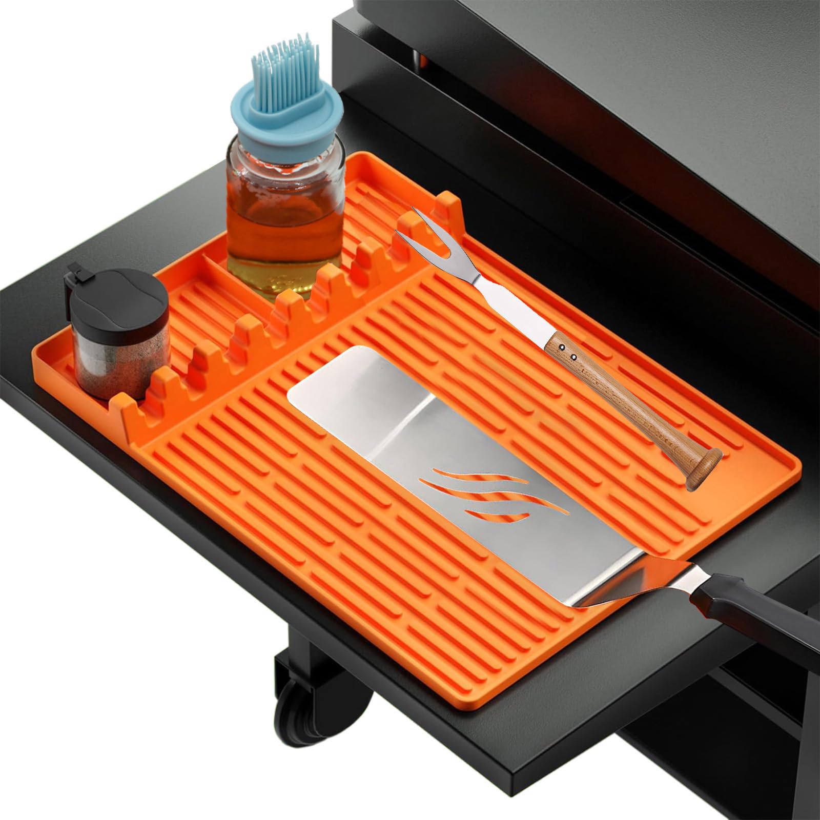 2PCS Silicone Griddle Tools Set - Non-Slip Spatula Mat & Grill Pad for Blackstone & Outdoor Grills - Heat-Resistant Food Grade BBQ, Baking & Prep Mats for Kitchen Counter (Orange) - Perfect for Backyard BBQs, Camping & Outdoor Cooking