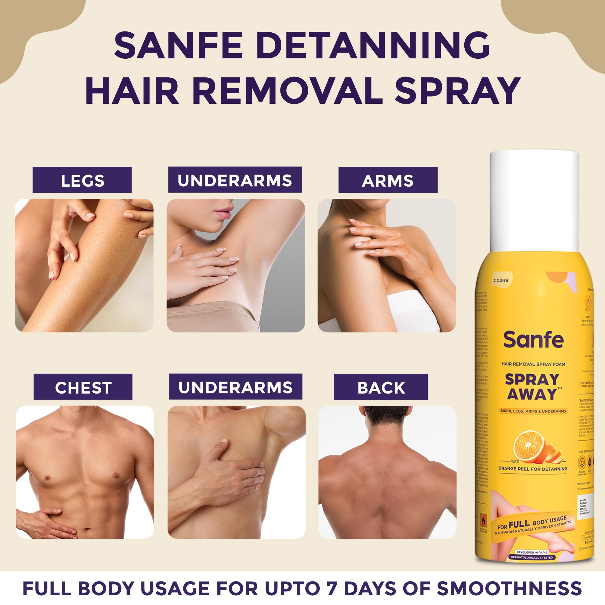 Sanfe Painless & Detan Hair Removal Spray Cream - 112ml | Fast 10-Minute Hair Removal for Chest, Legs, Arms & Underarms | Enriched with Orange Peel, Aloe Vera, Vitamin E & Niacinamide | Dermatologist Tested | Smooth Skin for Summer Dresses & Beach Vacations