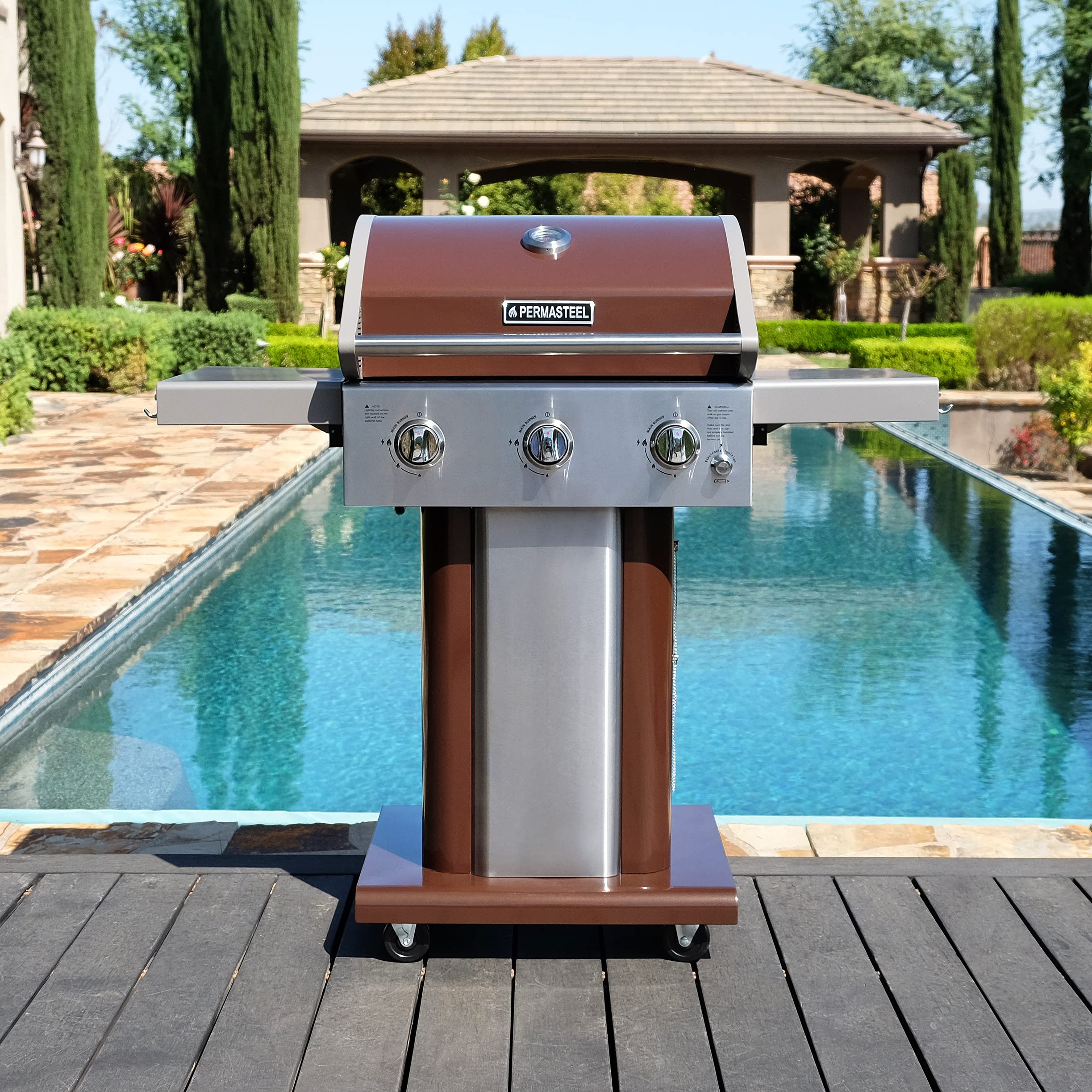 **Permasteel 3-Burner Propane Gas Grill – 30,000 BTU Outdoor BBQ Grill with Cast Iron Grates, Foldable Side Tables & Tool Hooks – Perfect for Backyard, Camping, and Tailgating (Mocha)**