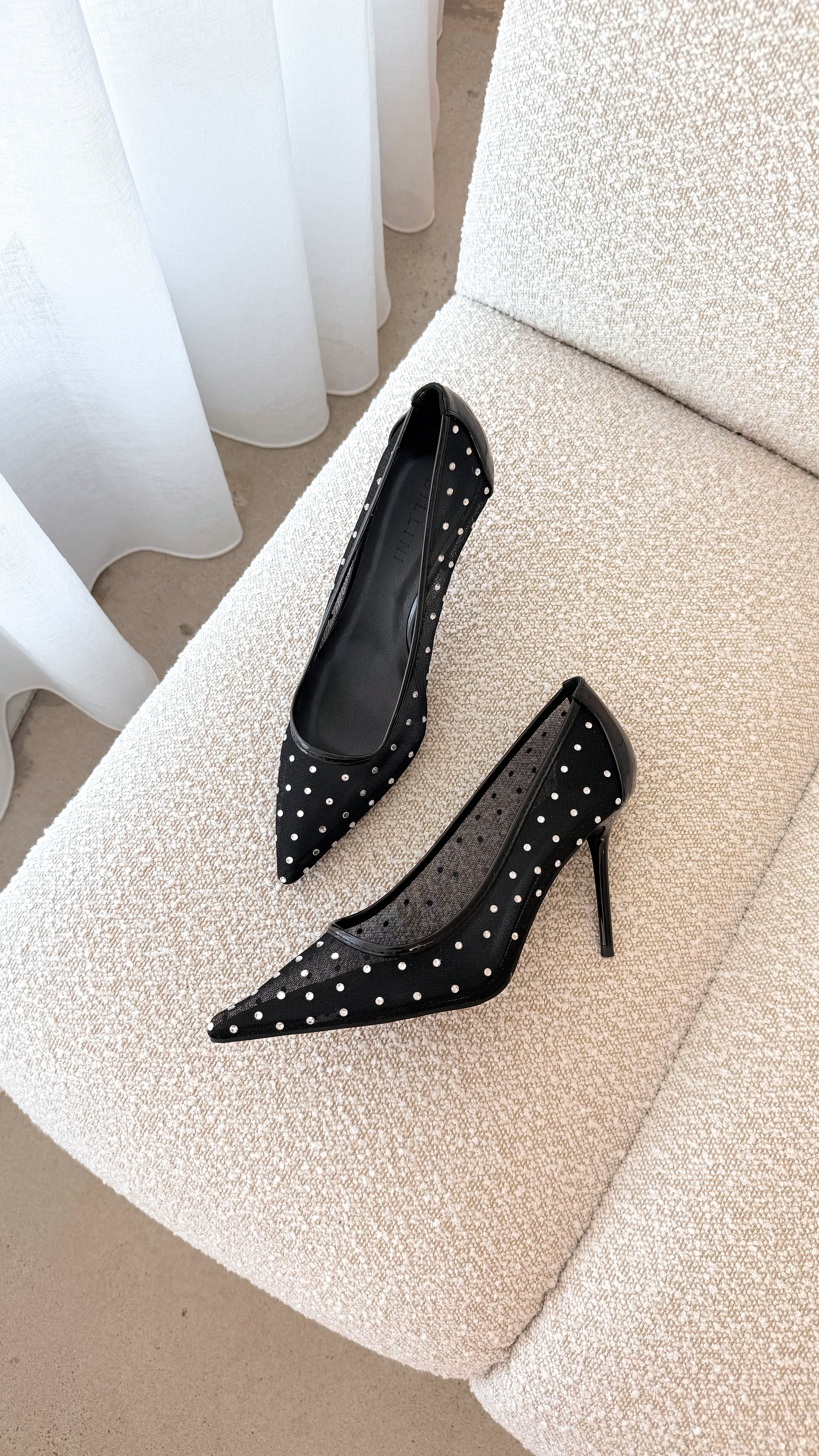 Lee Women's Black Mesh Diamante Heels - Elegant High Heel Shoes for Party, Wedding & Evening Events