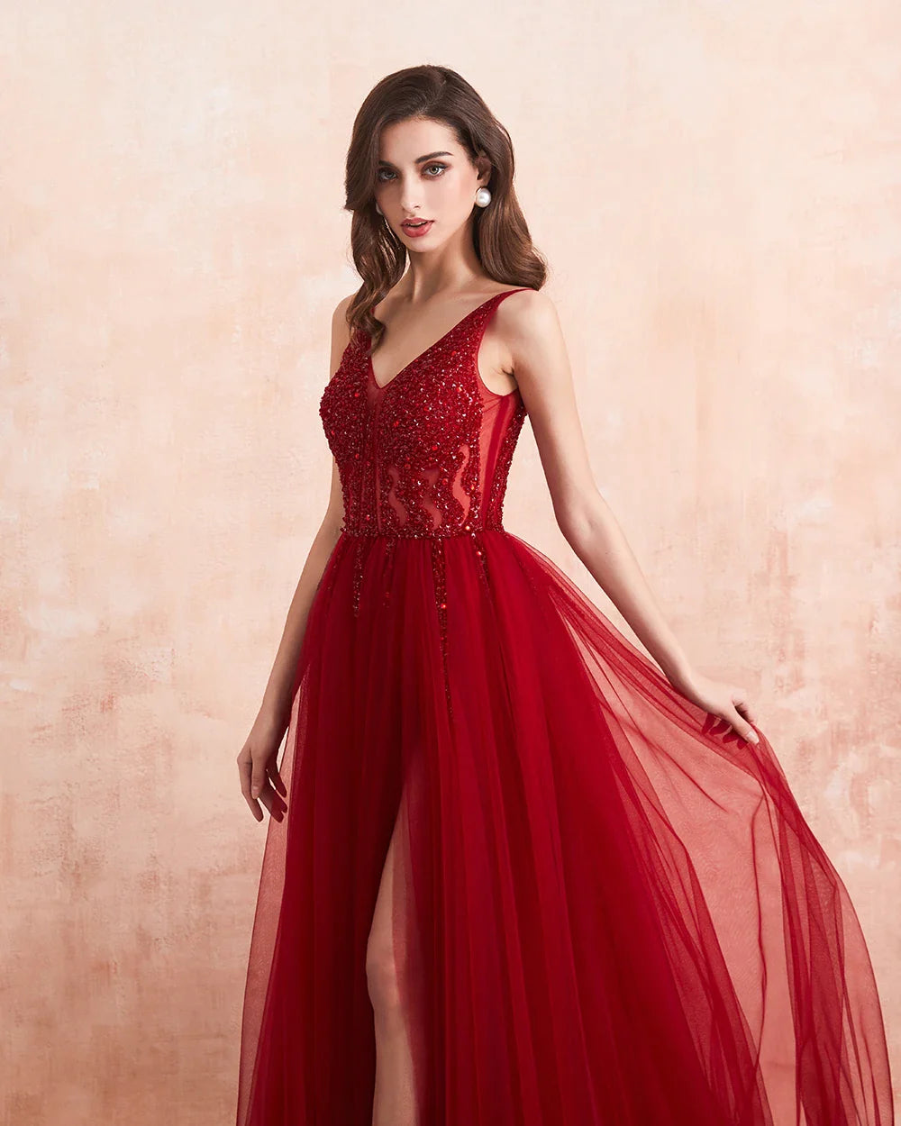 Elegant Beaded Prom Dresses - Long Sexy V-Neck High Slit Tulle Evening Gown with Sweep Train | Sleeveless A-Line Backless Formal Dress for Homecoming, Wedding, Party & Special Occasions