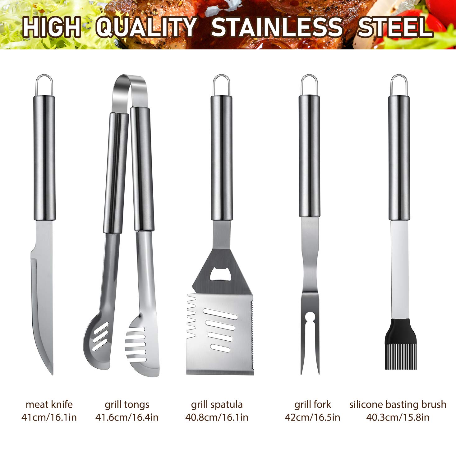 HUSSAR 34-Piece Stainless Steel BBQ Grill Tools Set - Spatula, Tongs, Skewers & Premium Grilling Accessories for Outdoor Cooking, Camping, Backyard BBQ - Complete Grill Utensil Kit with Storage Bag (Silver, BTS-34) | Perfect for Summer Grilling, Tailgating & Family Gatherings