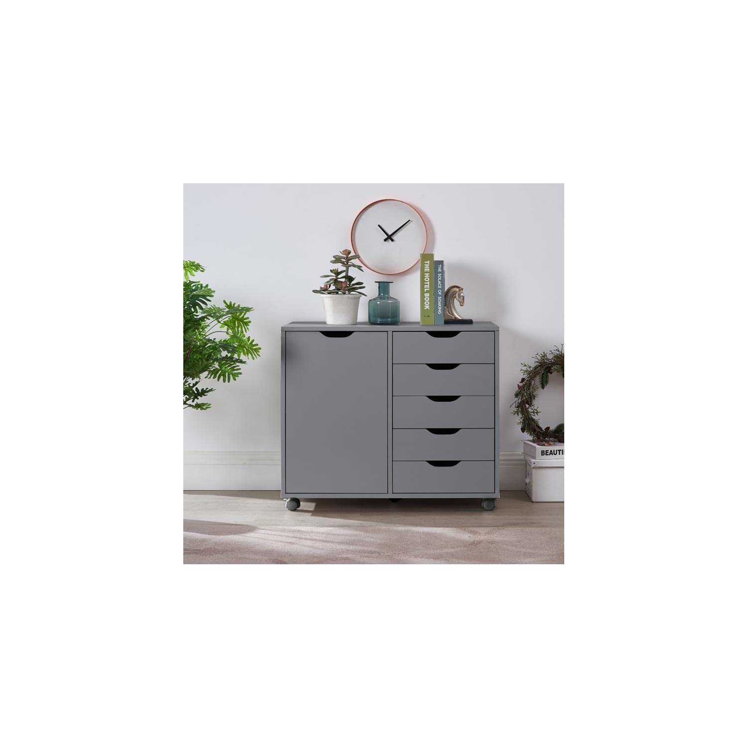 Naomi Home 5-Drawer Dresser for Bedroom - Tall Storage Cabinet with Wheels, Shelves for Closet & Makeup Organization, 180 lbs Capacity, Gray - Perfect for Small Spaces & Modern Bedroom Decor