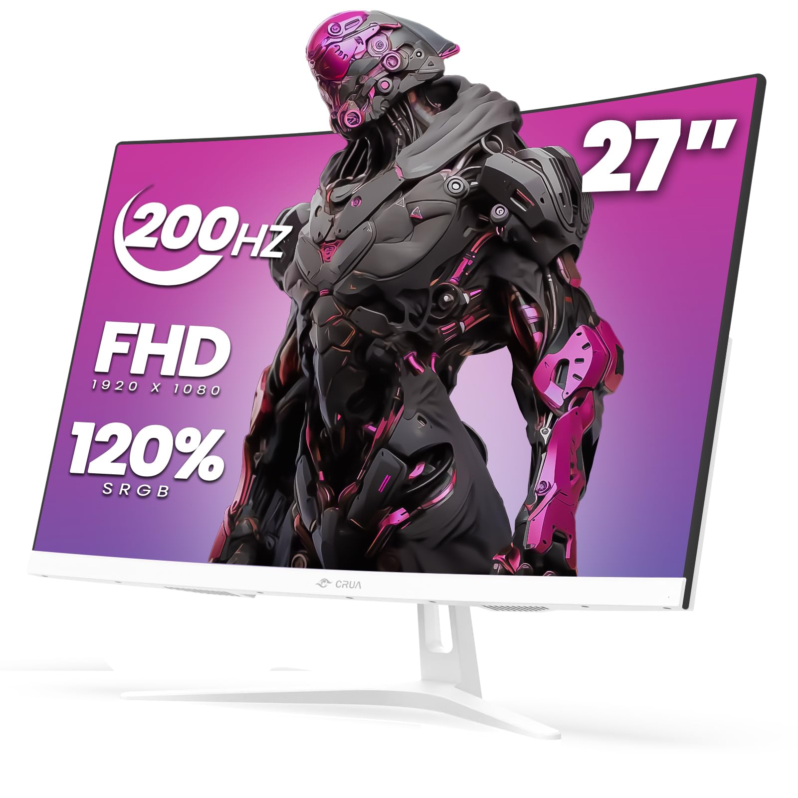 CRUA 27 Inch Curved Gaming Monitor - FHD 1920x1080P, 165Hz/200Hz Refresh Rate, 1800R VA Panel, 120% sRGB, AMD FreeSync, Blue Light Filter, HDMI & DP Ports, VESA Wall Mount - White | Perfect for Esports, PC Gaming & Home Office Setup