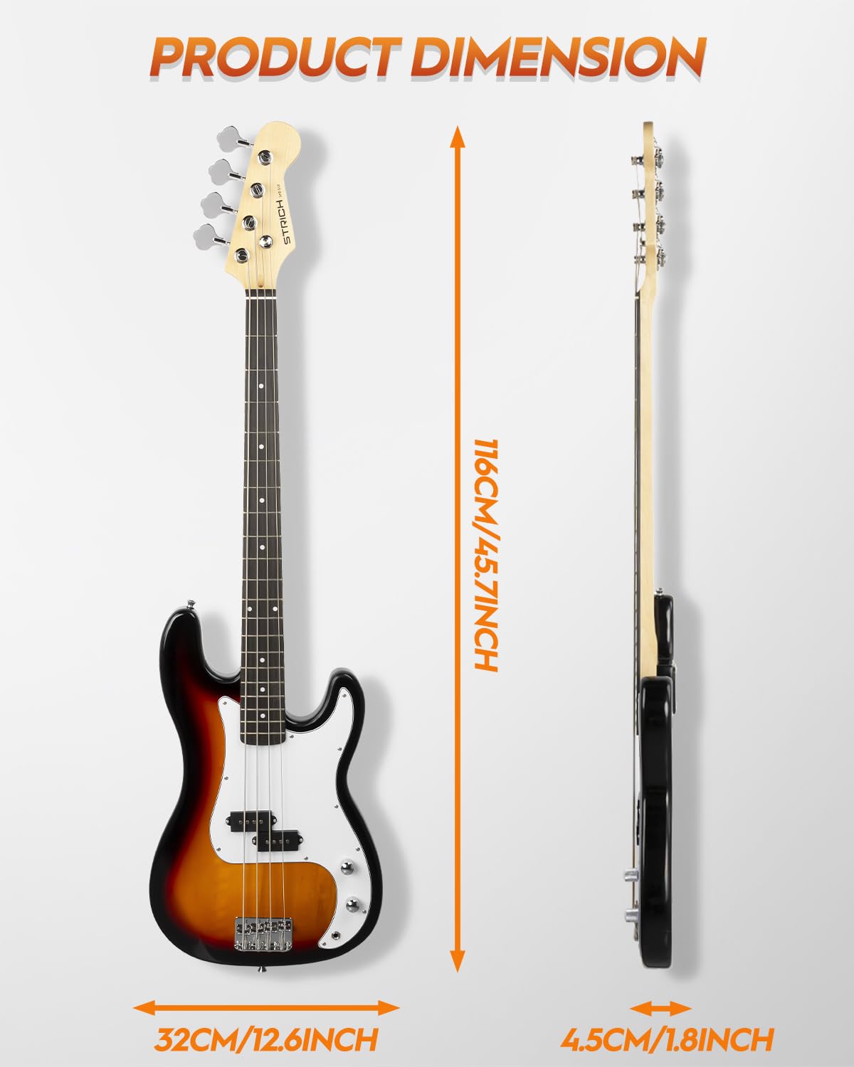STRICH 4-String Electric Bass Guitar Full Size Beginner Kit - PB-Style Standard Bass with 20W Amp, Gig Bag, Tuner, Strap & Cable (SPB-S10 Sunburst) - Perfect for Beginners, Practice Sessions & Live Performances